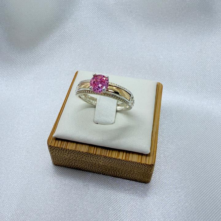 Anillo Dama Diseño Circón Rosado P.925 con Oro de 14k.