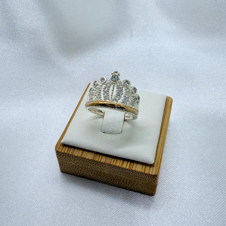 Anillo Dama Diseño Corona con incrustaciones de Microcircones en P.925 con Oro de 14k.