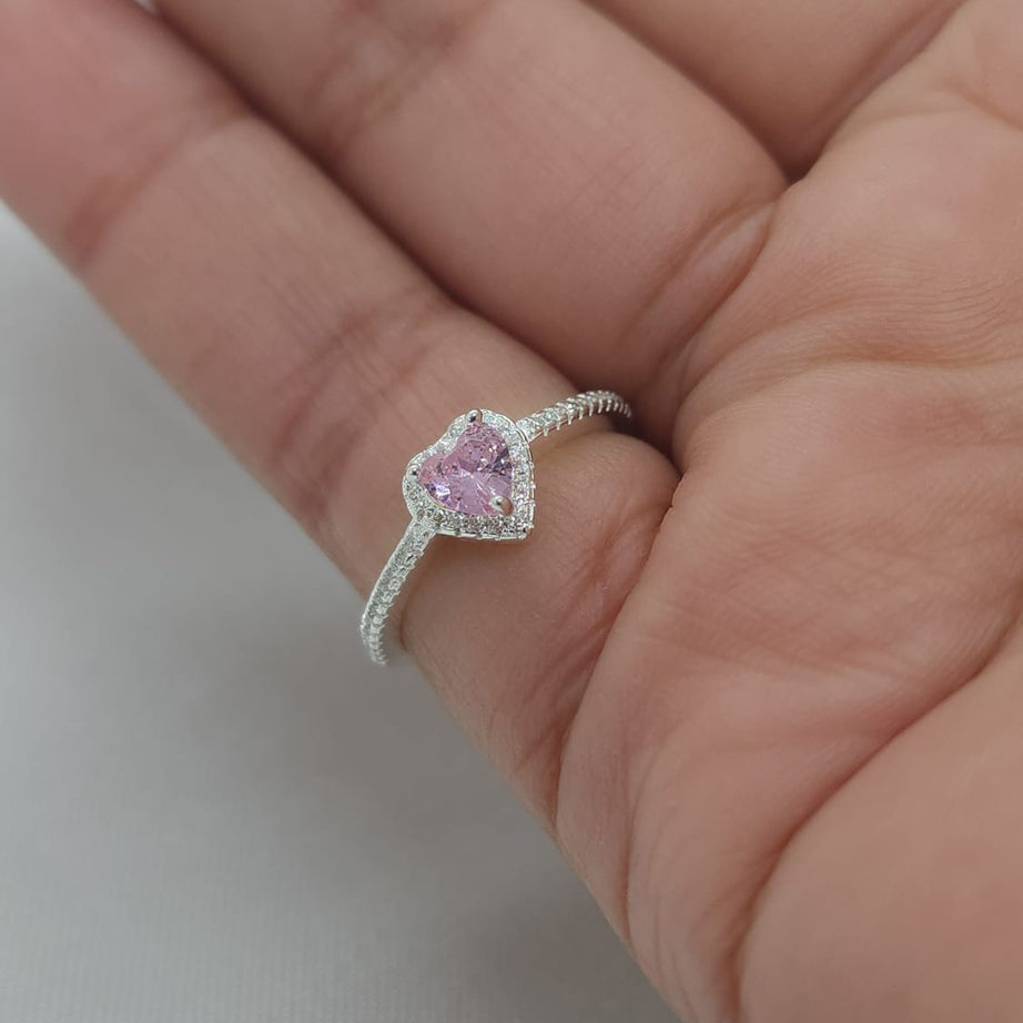 Anillo Dama diseño Corazón Circón Rosado con incrustación de Microcircones