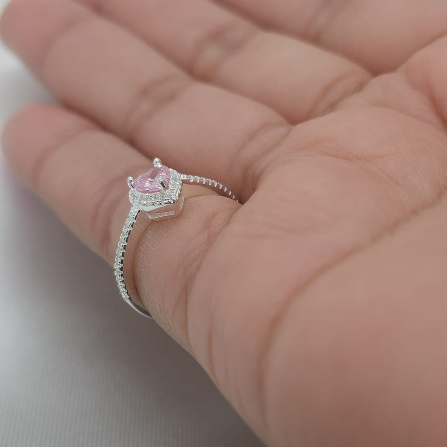 Anillo Dama diseño Corazón Circón Rosado con incrustación de Microcircones
