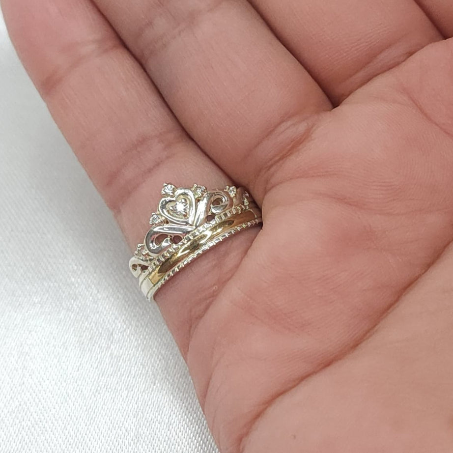 Anillo Dama diseño Corona con Incrustación de MicroCircones en P.925 con Oro de 14k.