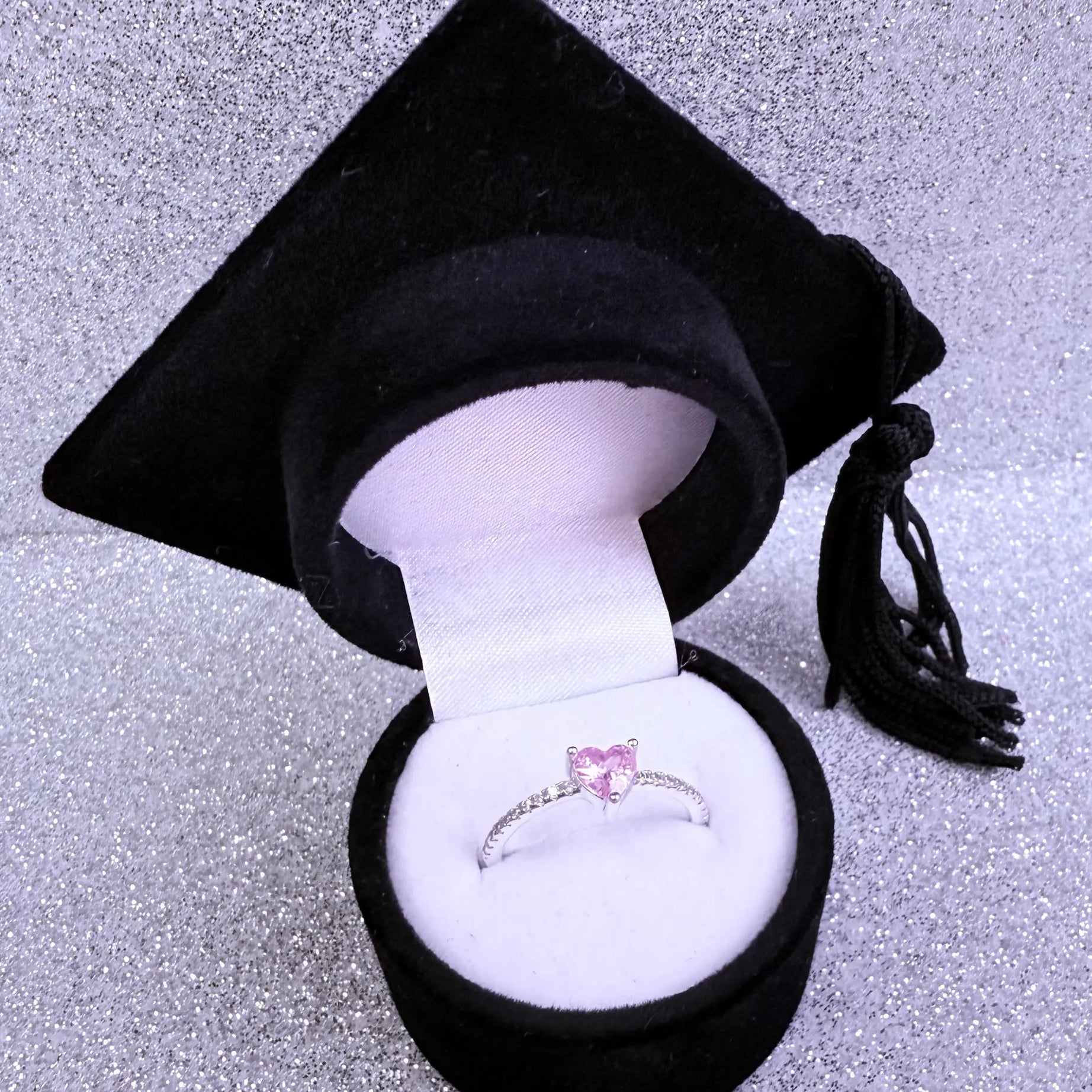 Anillo dama Corazón rosa con microcircones cristal Plata fina ley 925 con caja birrete negro