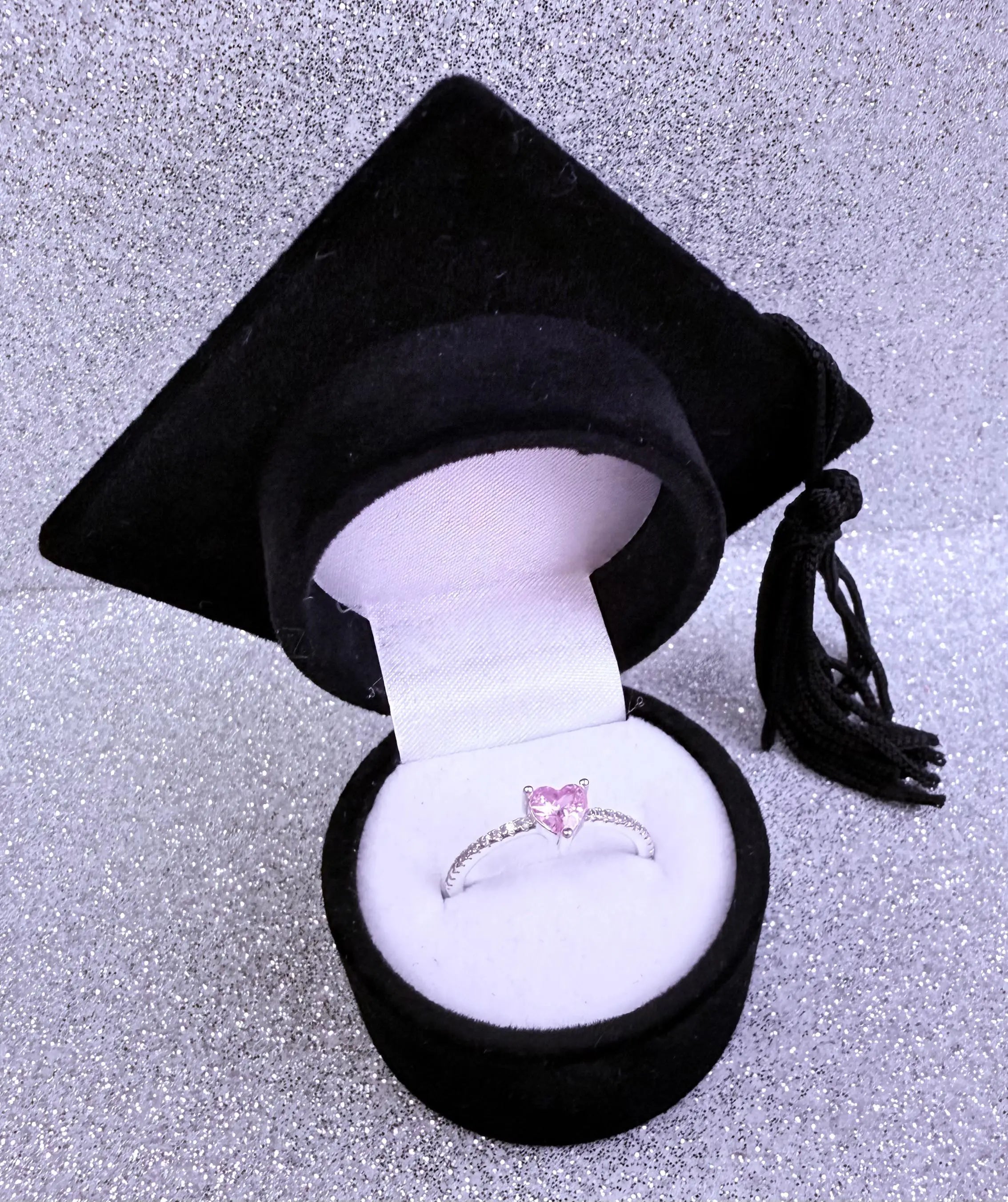 Anillo dama Corazón rosa con microcircones cristal Plata fina ley 925 con caja birrete negro