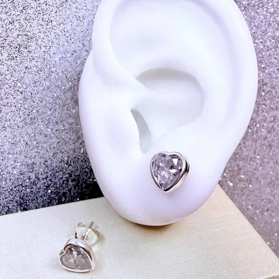 Aros dama Corazon Cristal Grande Plata fina ley 925