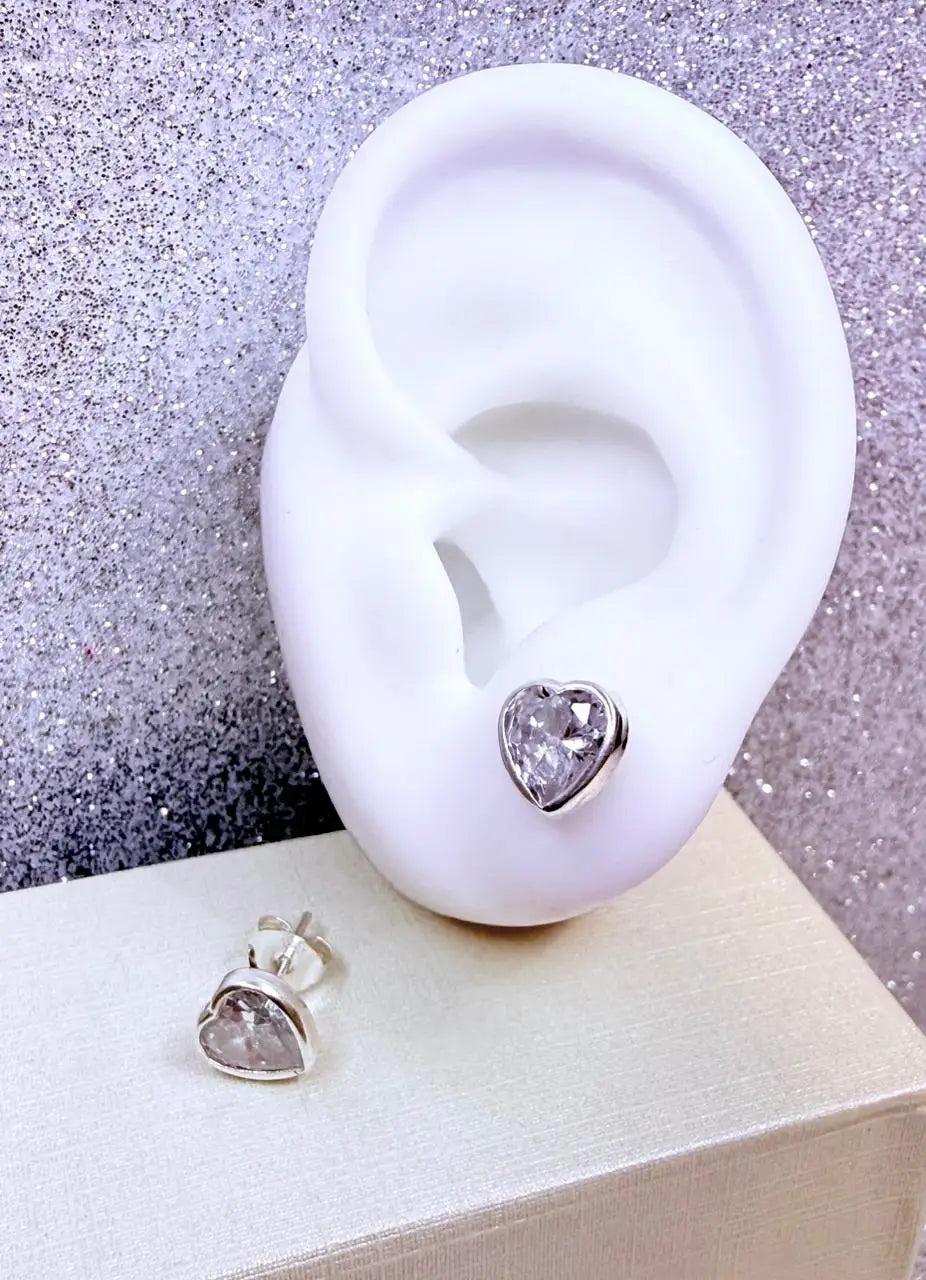 Aros dama Corazon Cristal Grande Plata fina ley 925
