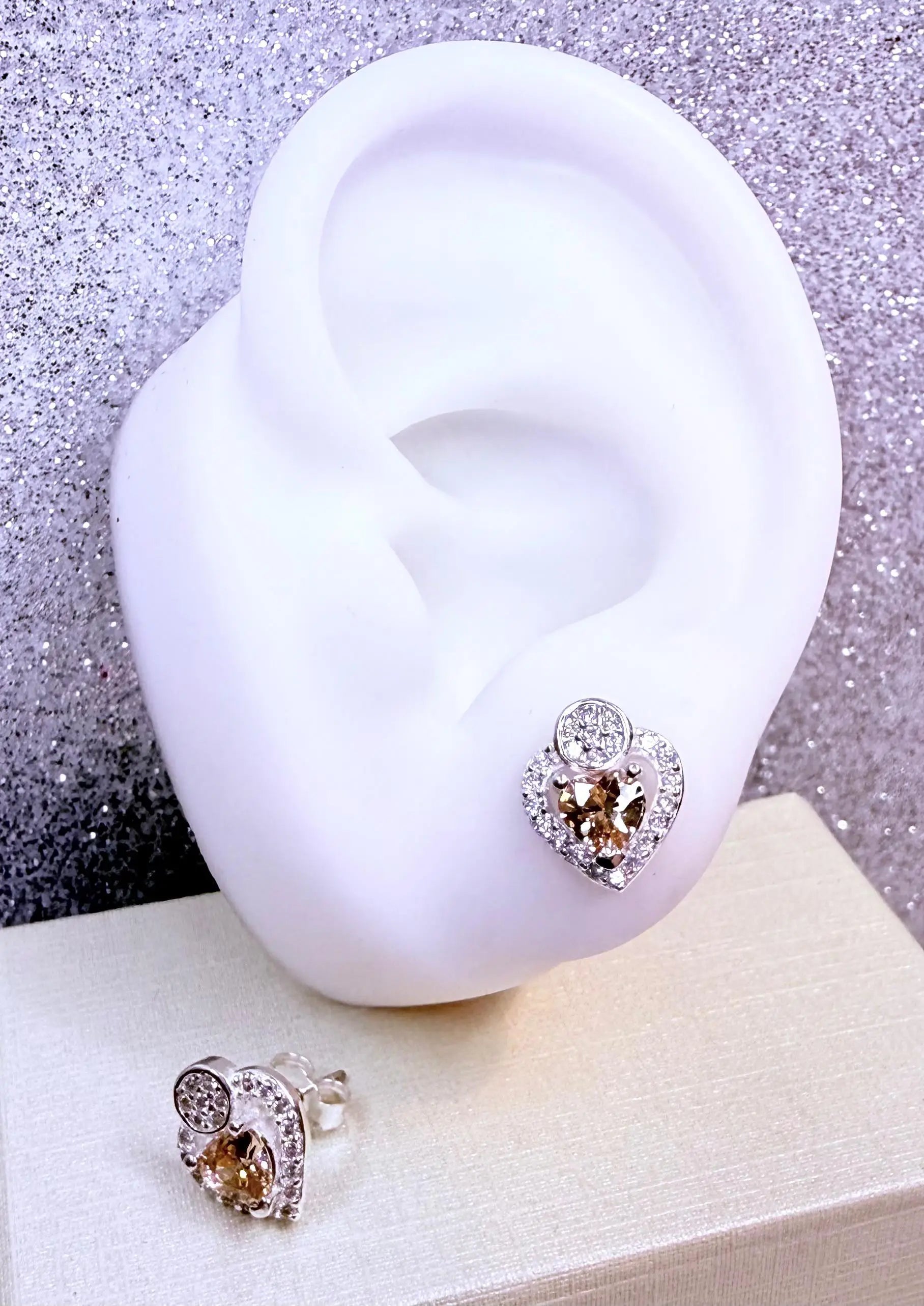 Aros dama Corazon ambar micro circones cristal Plata fina ley 925