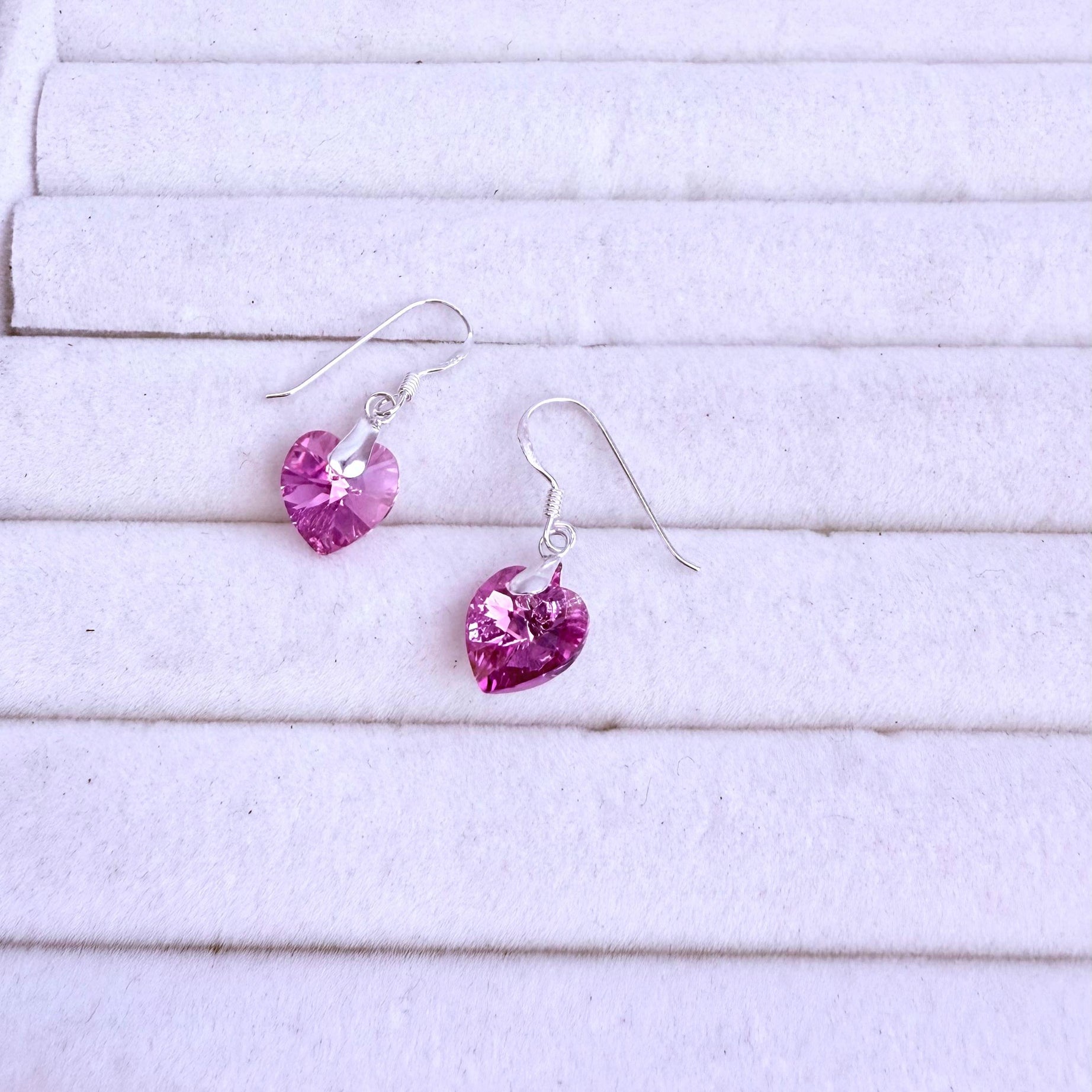 Aros dama Diseño Corazón cristal rosado Plata fina ley 925