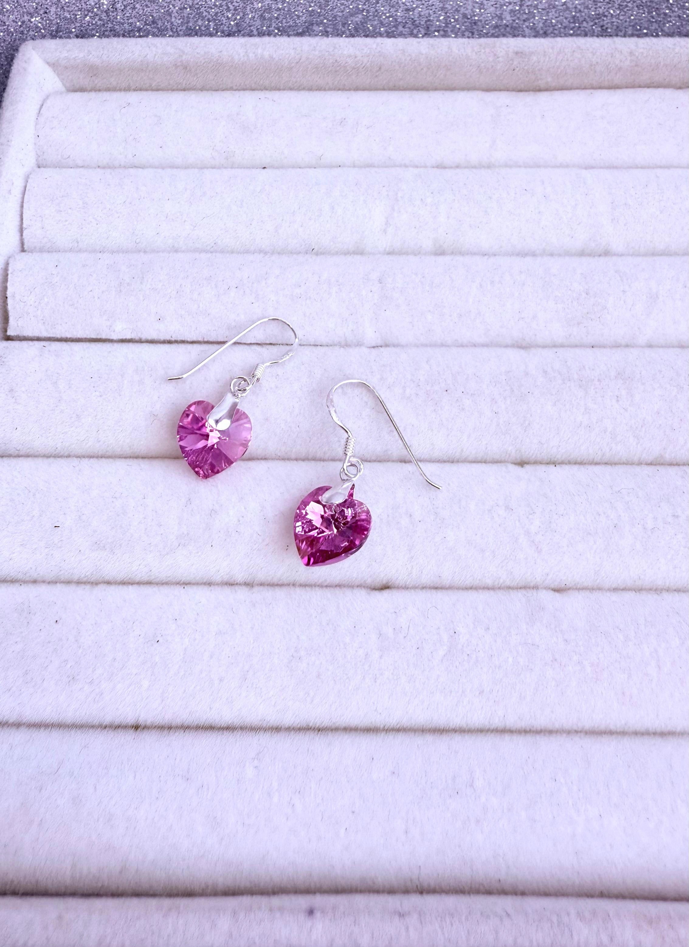 Aros dama Diseño Corazón cristal rosado Plata fina ley 925