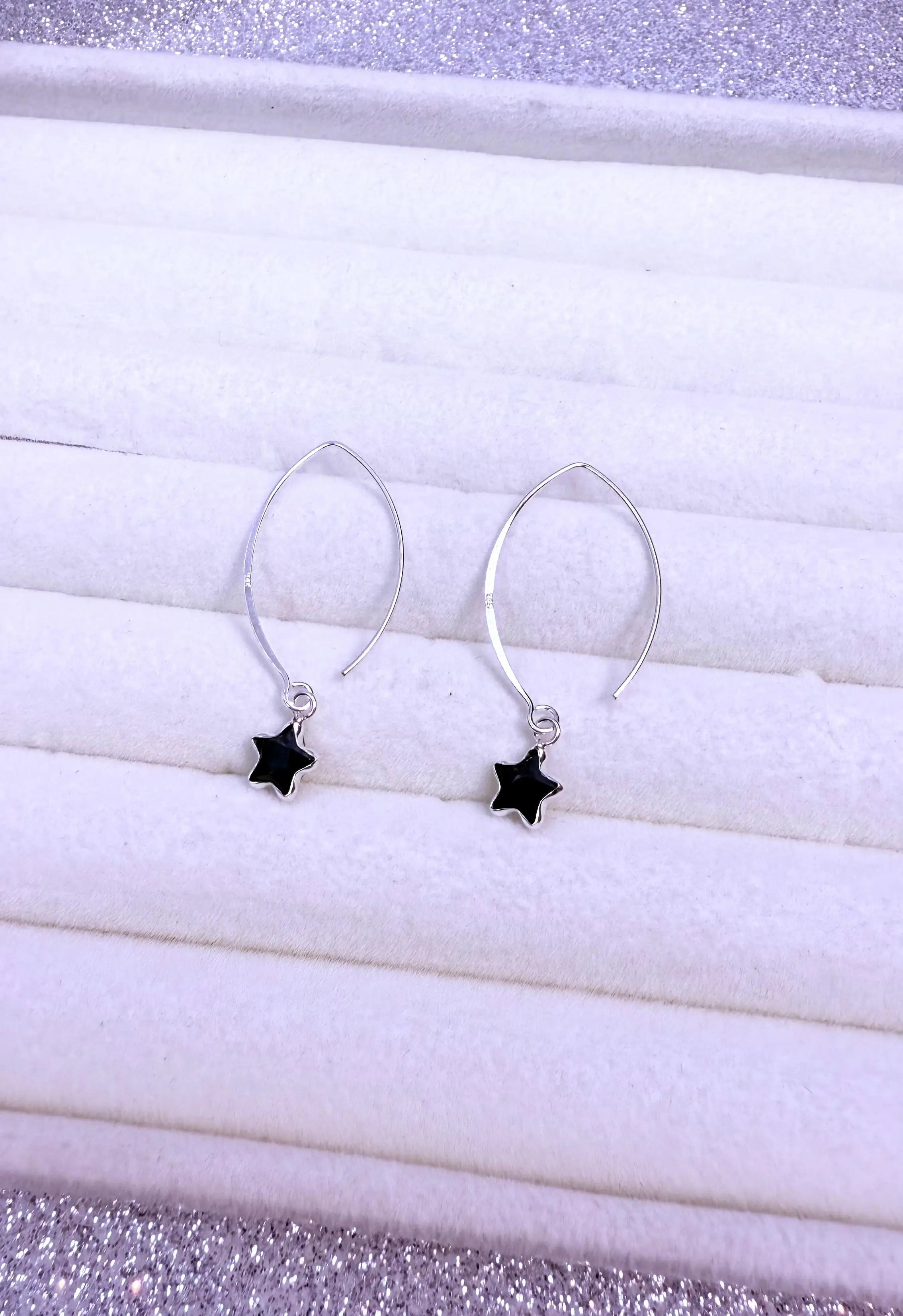 Aros dama Diseño Estrella cristal Negro Plata fina ley 925