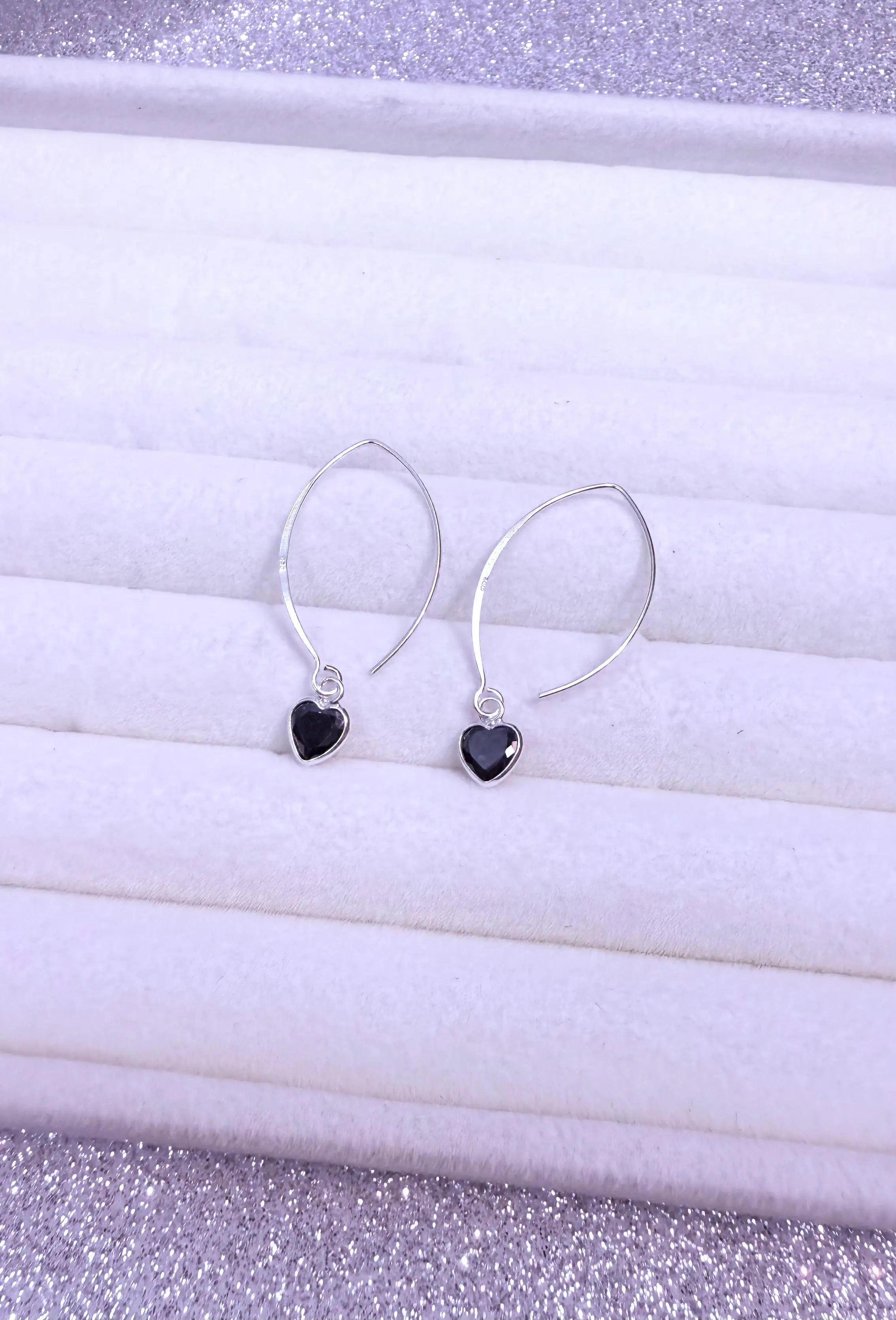 Aros dama Diseño corazón cristal Negro Plata fina ley 925