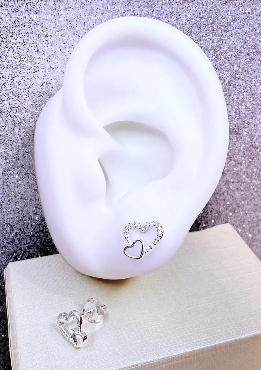 Aros dama Doble corazón con incrustación Micro circones cristal Plata fina ley 925