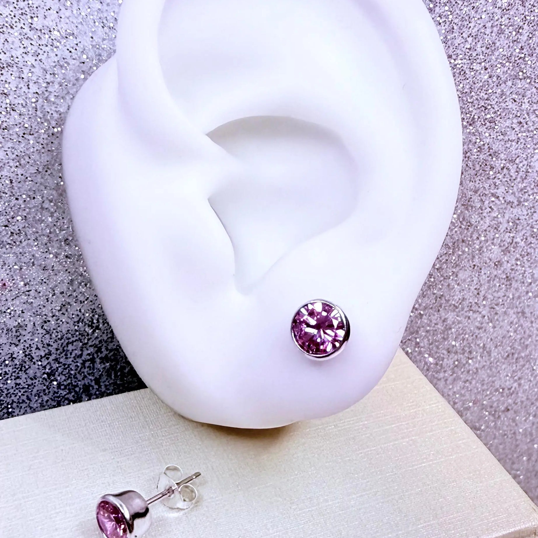 Aros dama Punto de luz circon Rosa redondo Grande Plata fina ley 925