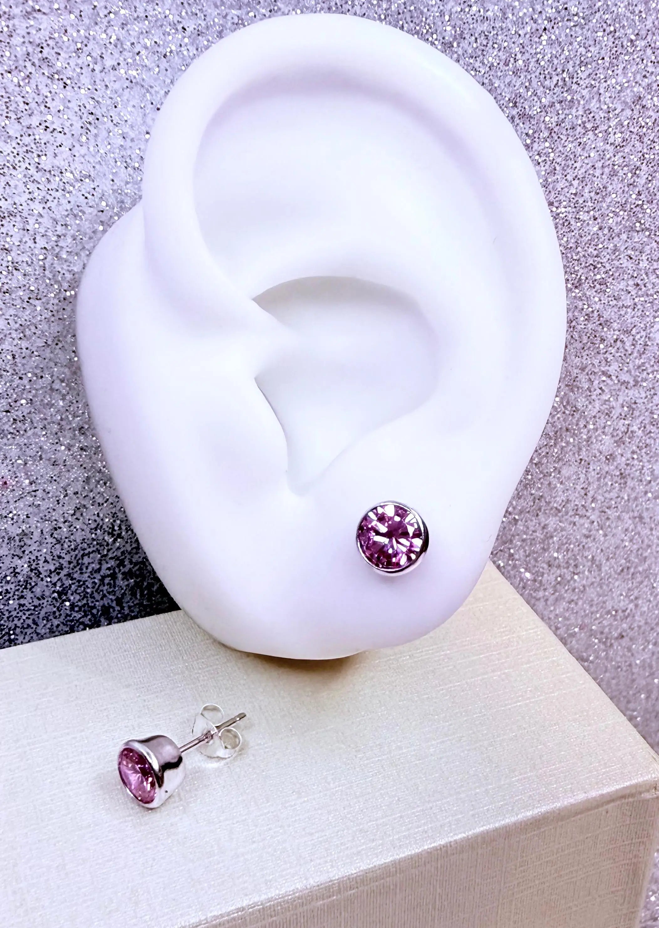 Aros dama Punto de luz circon Rosa redondo Grande Plata fina ley 925