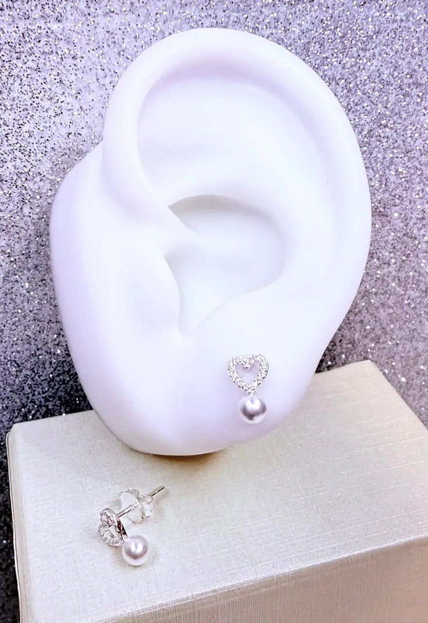 Aros dama corazón Perla con incrustación Micro circones cristal Plata fina ley 925