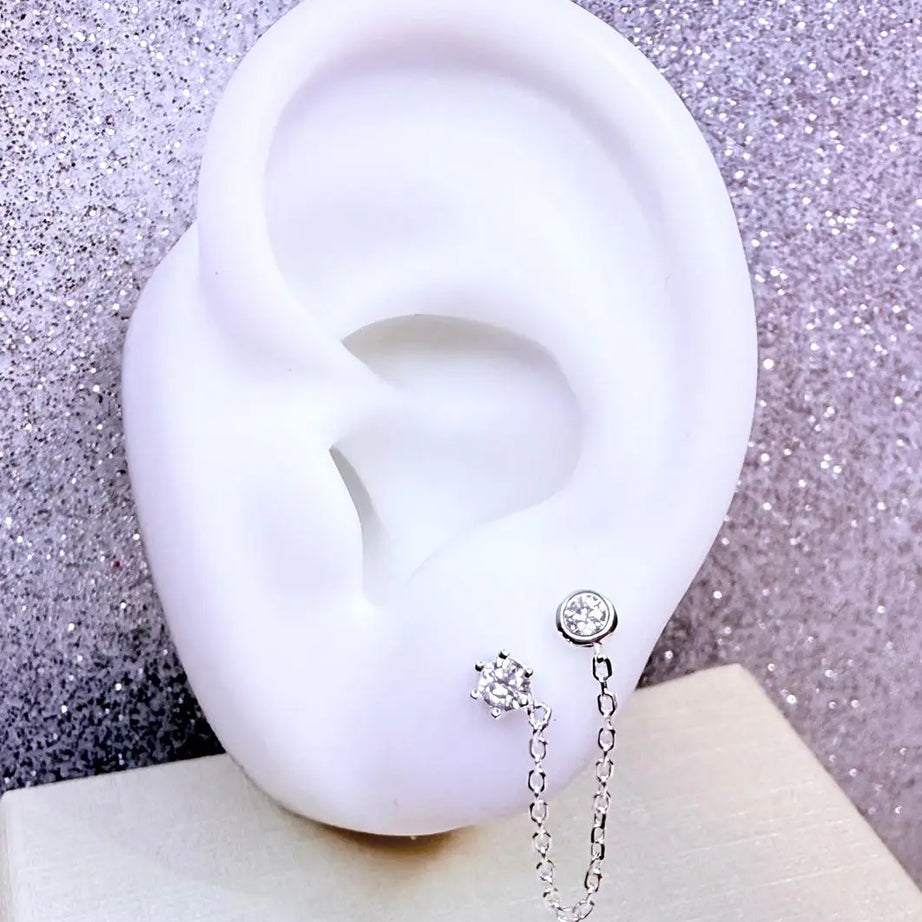 Aros doble Diseño Circón con cadenita  Plata 925