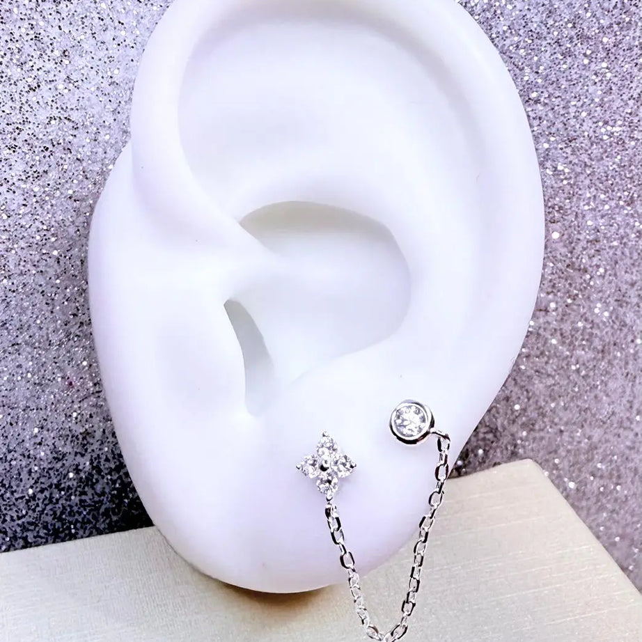 Aros doble Diseño Circón flor y punto de luz con cadenita  Plata 925