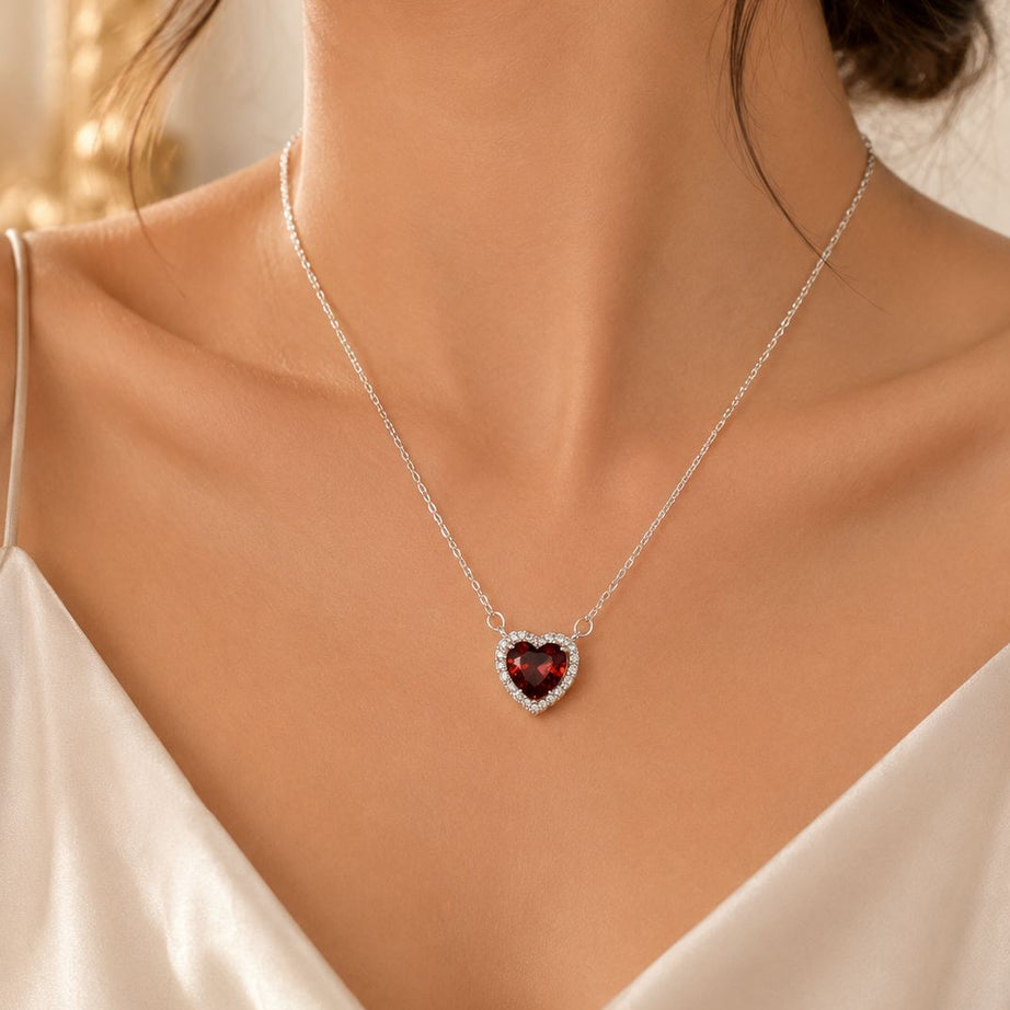 Collar Corazón circón rojo Plata fina ley 925