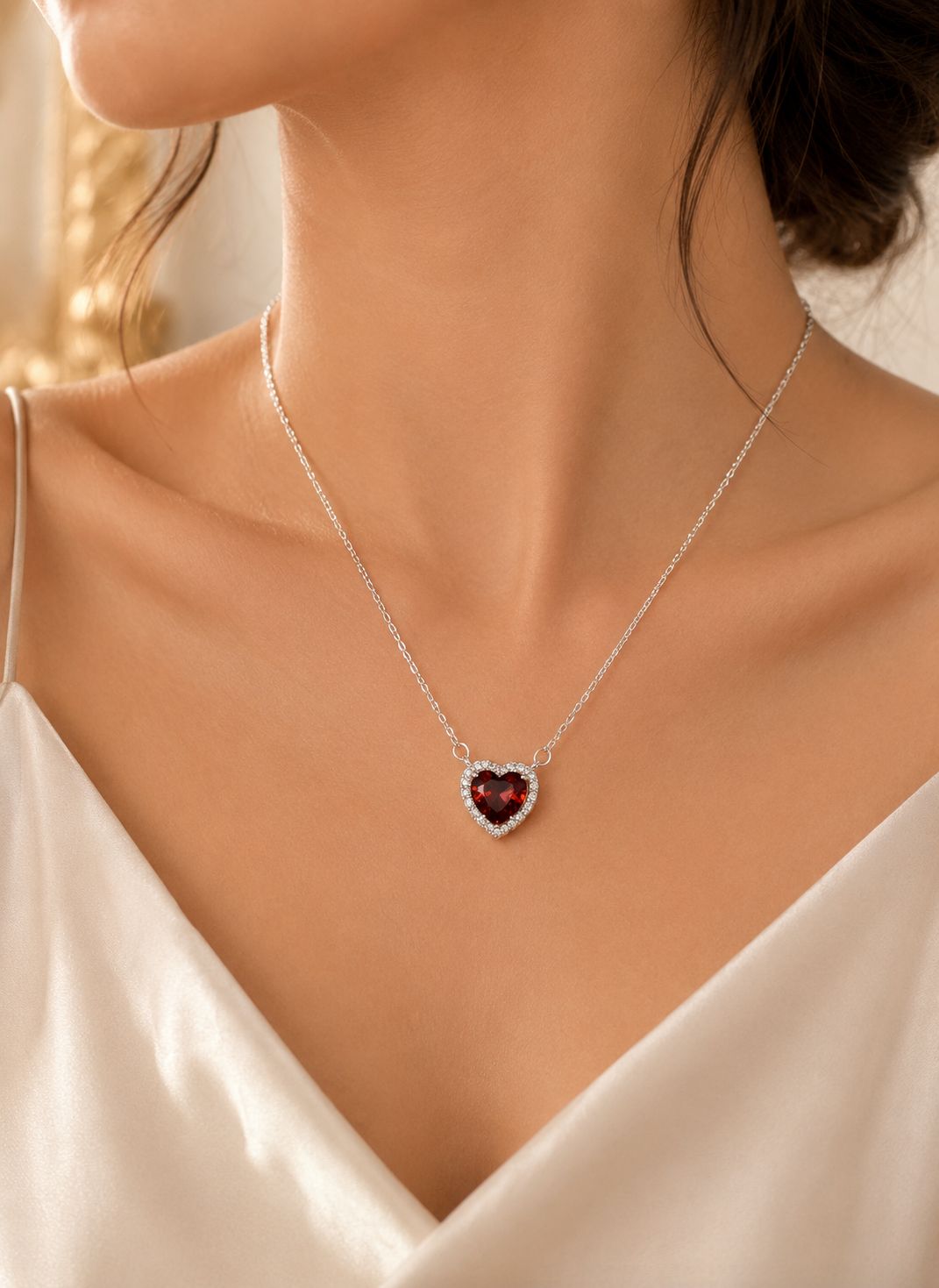 Collar Corazón circón rojo Plata fina ley 925