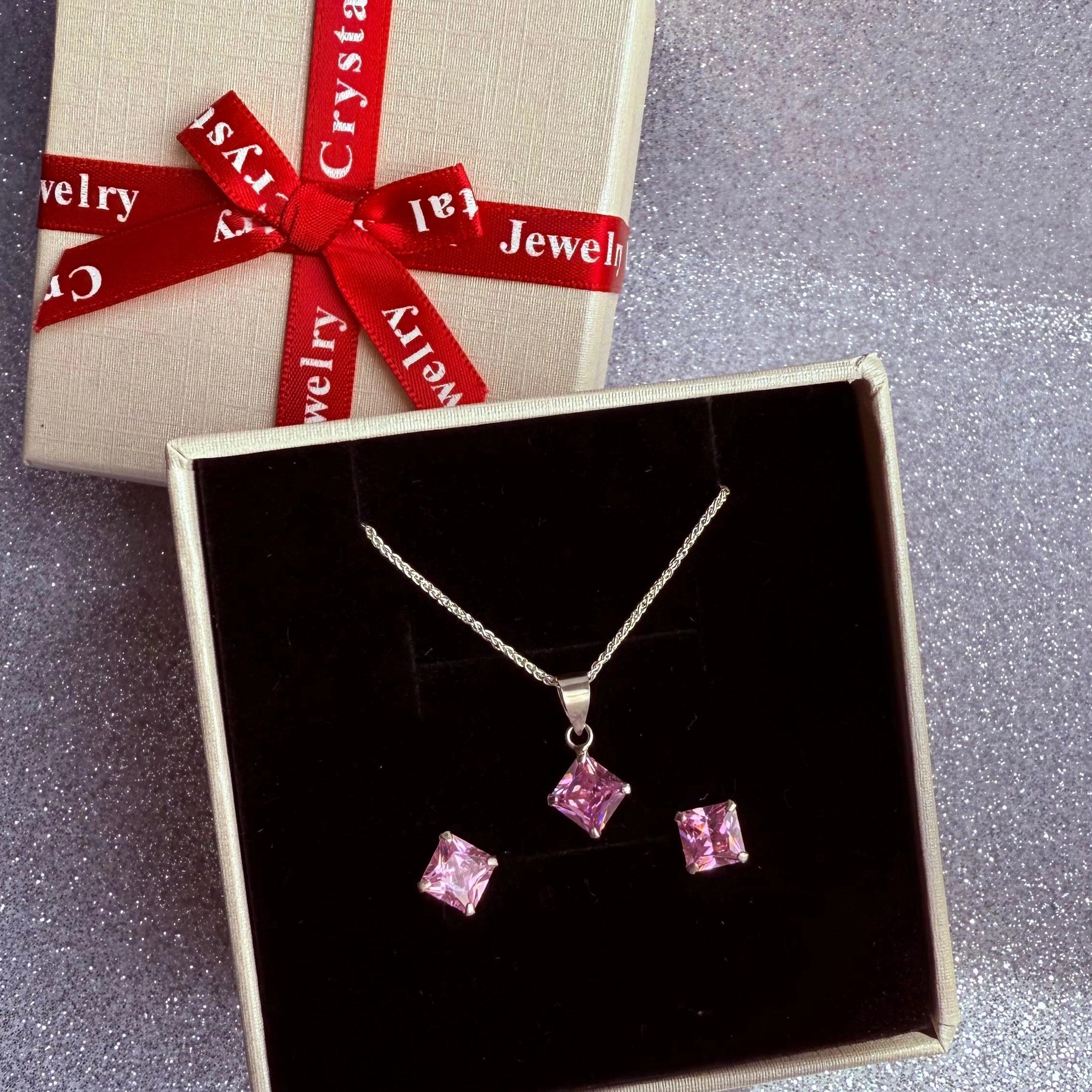 Conjunto Dama Diseño Circón rosado cuadrado Plata fina ley 925