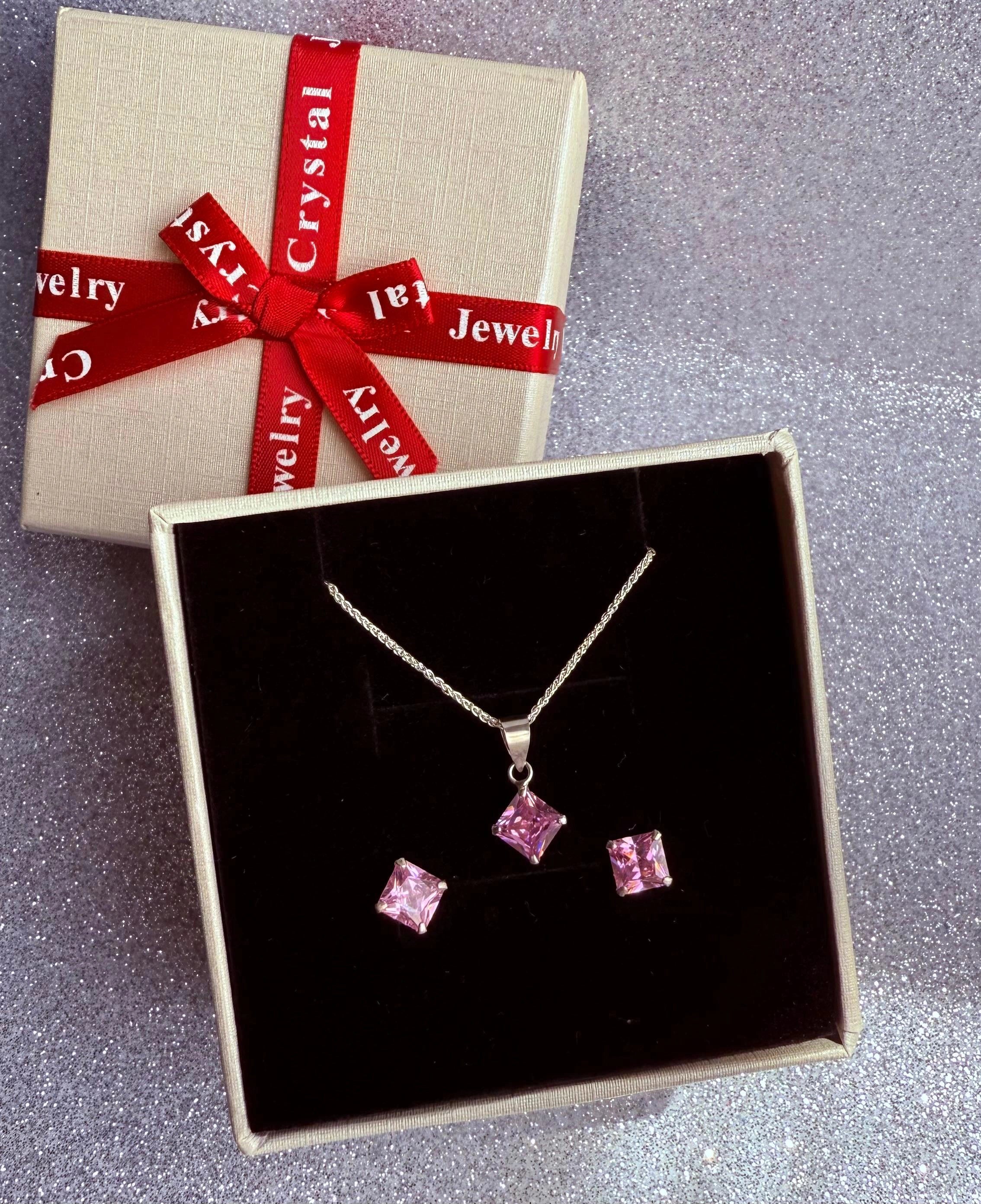 Conjunto Dama Diseño Circón rosado cuadrado Plata fina ley 925