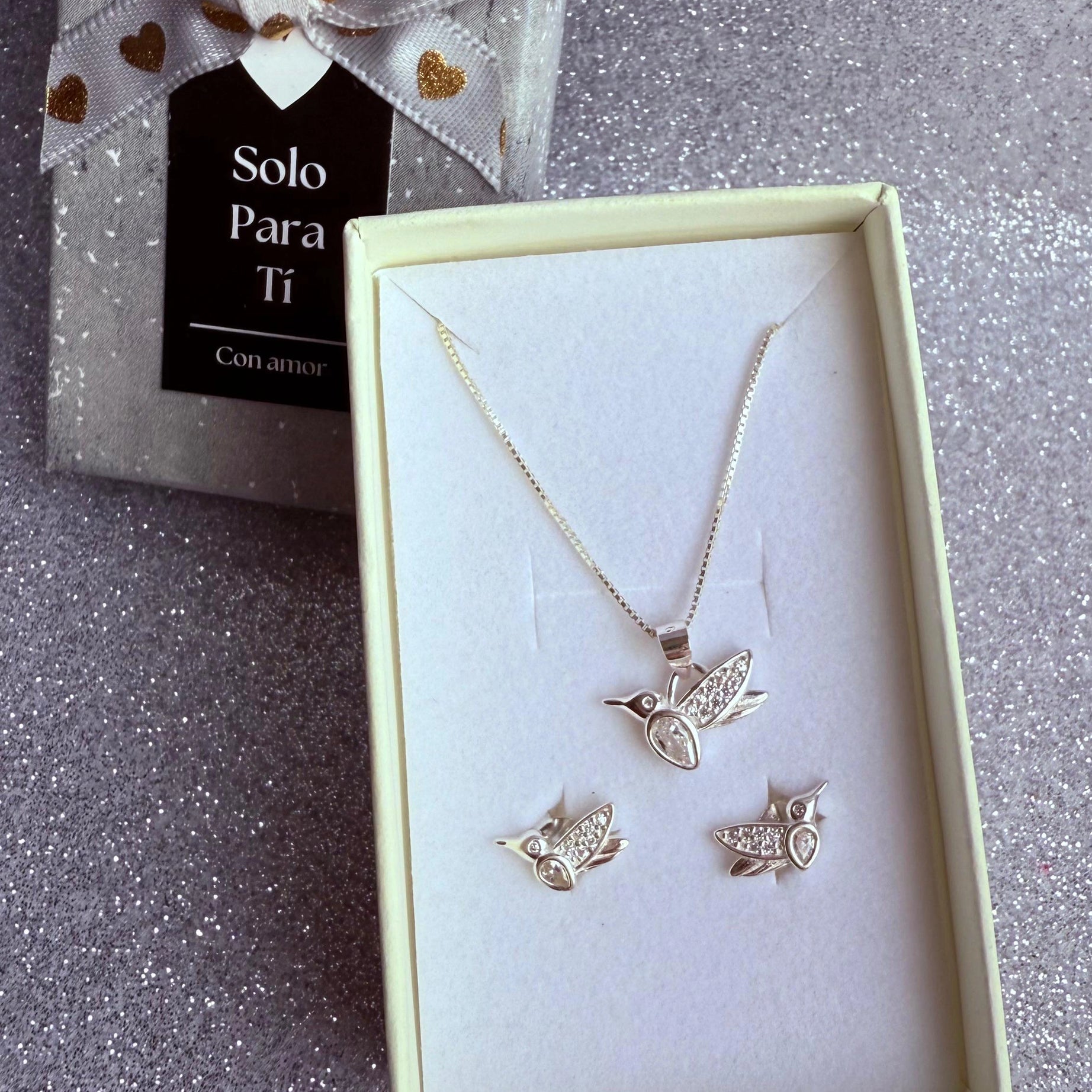 Conjunto Dama Diseño Colibrí circón cristal Plata fina ley 925