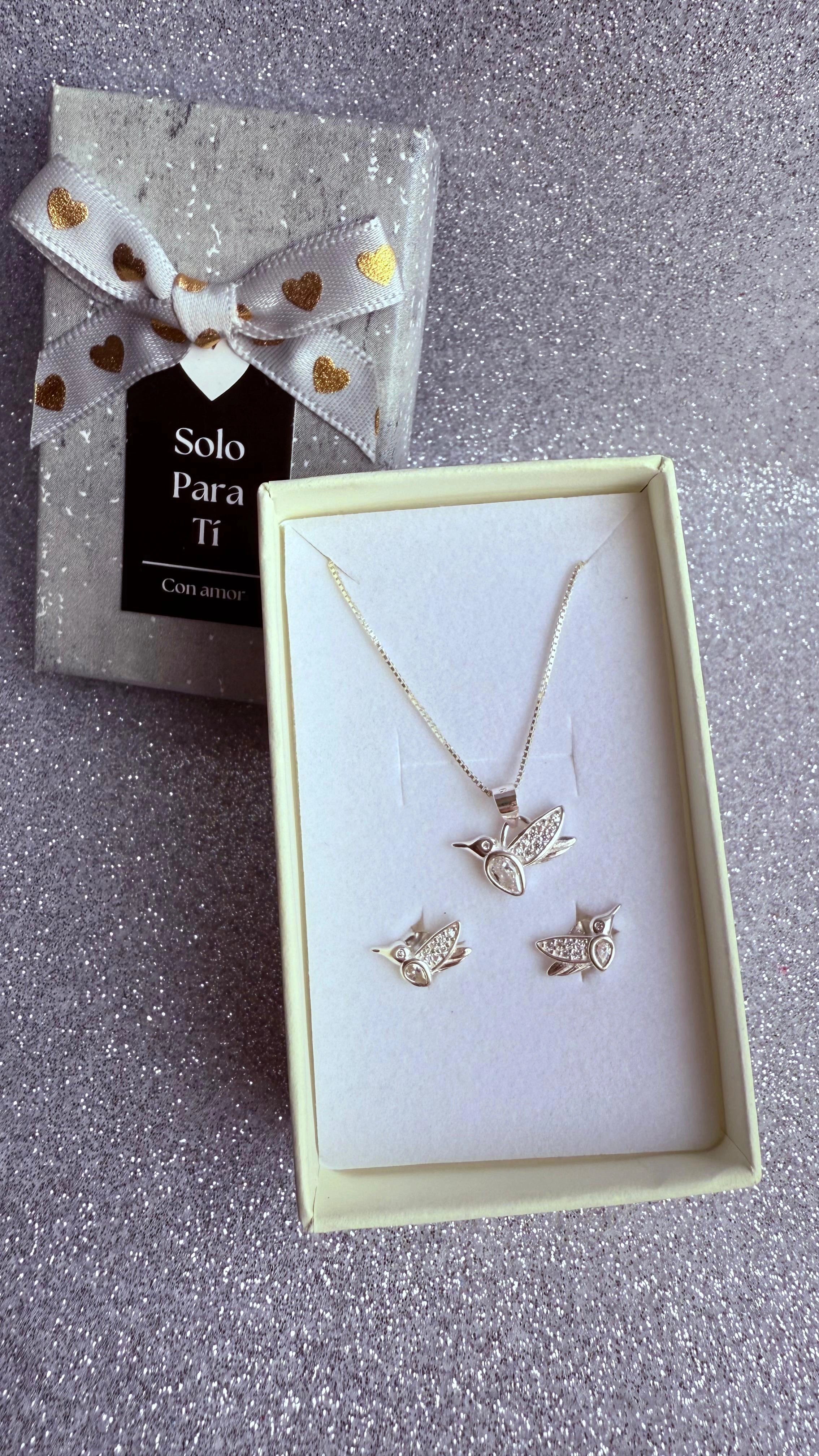 Conjunto Dama Diseño Colibrí circón cristal Plata fina ley 925