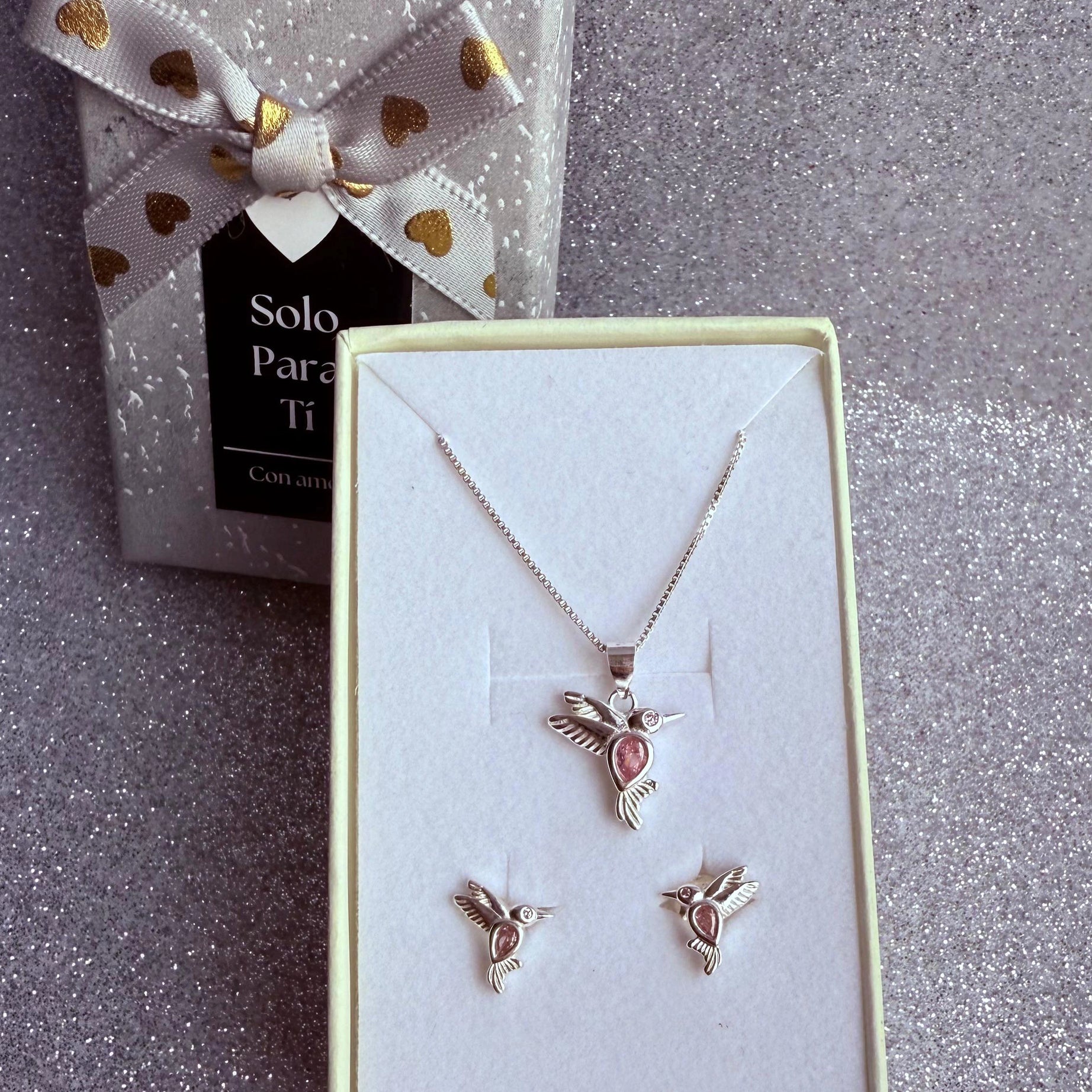 Conjunto Dama Diseño Colibrí circón Rosado Plata fina ley 925