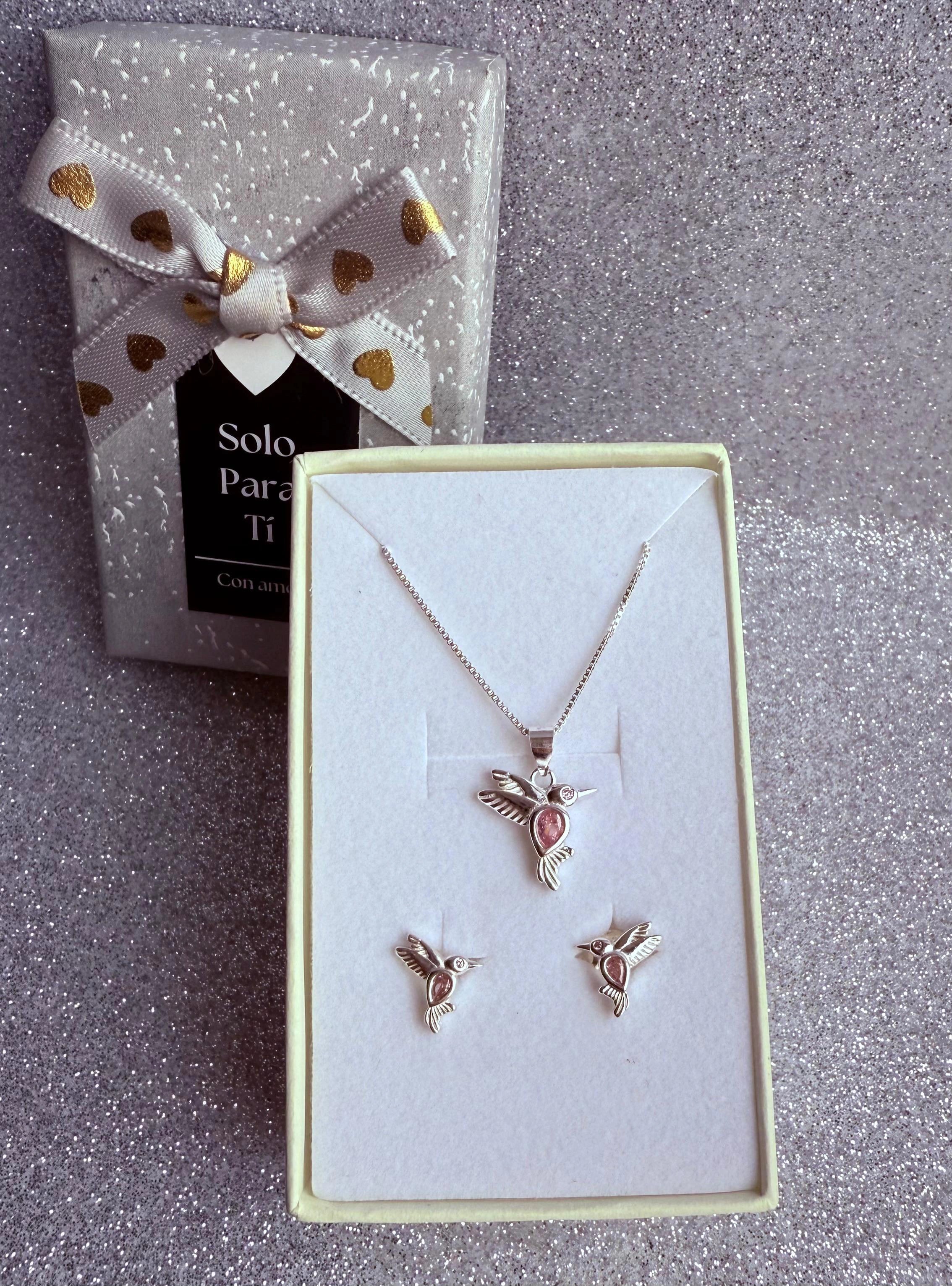 Conjunto Dama Diseño Colibrí circón Rosado Plata fina ley 925