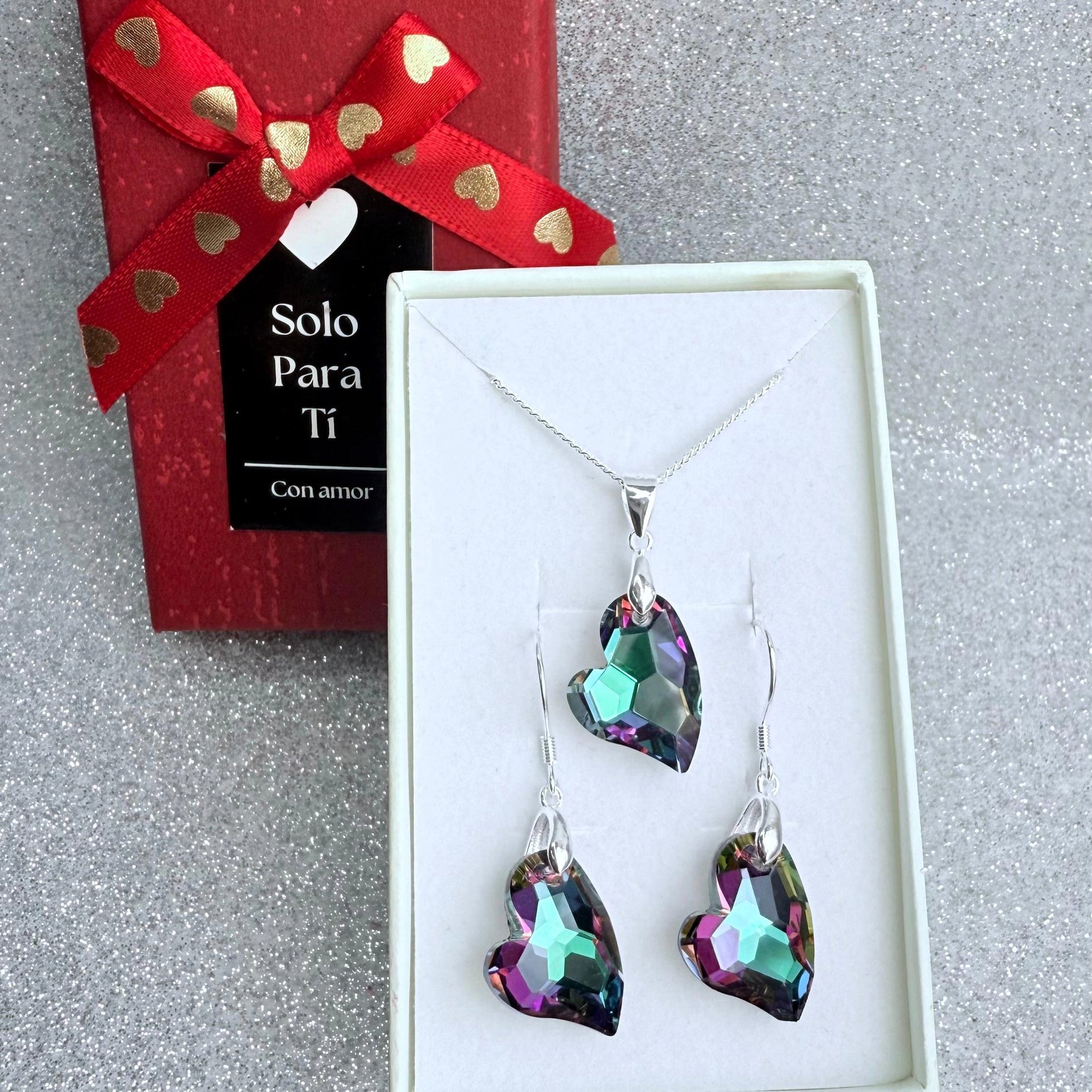 Conjunto Dama Diseño Corazón tornasol  Plata fina ley 925