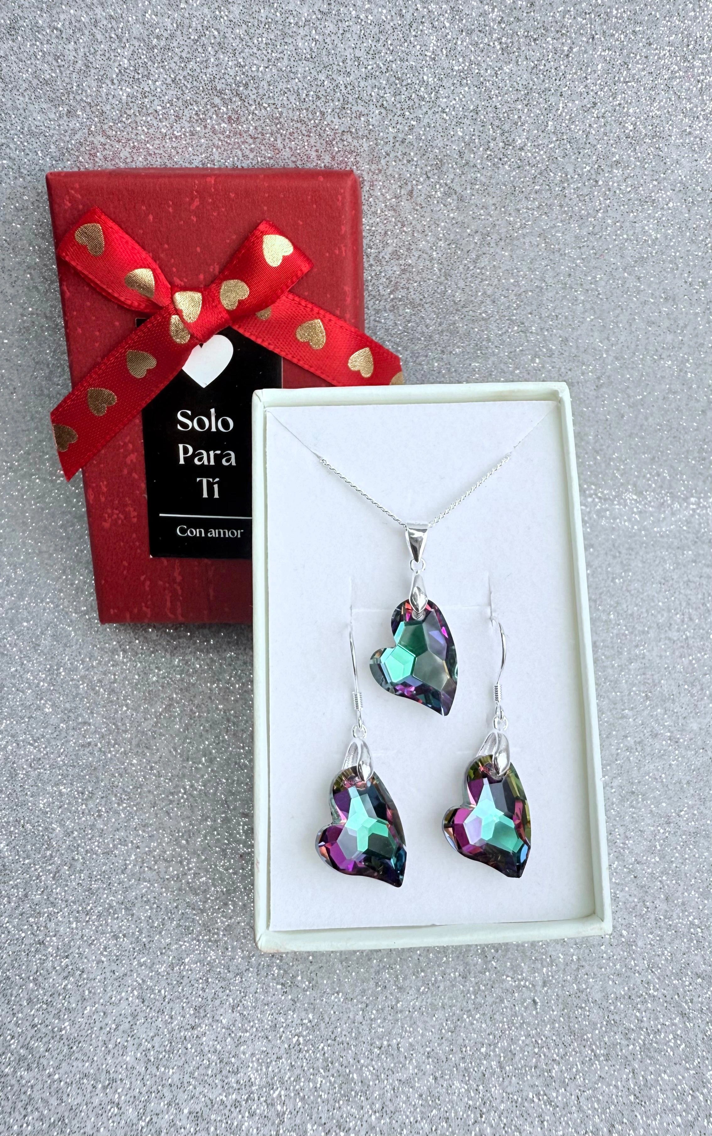 Conjunto Dama Diseño Corazón tornasol  Plata fina ley 925