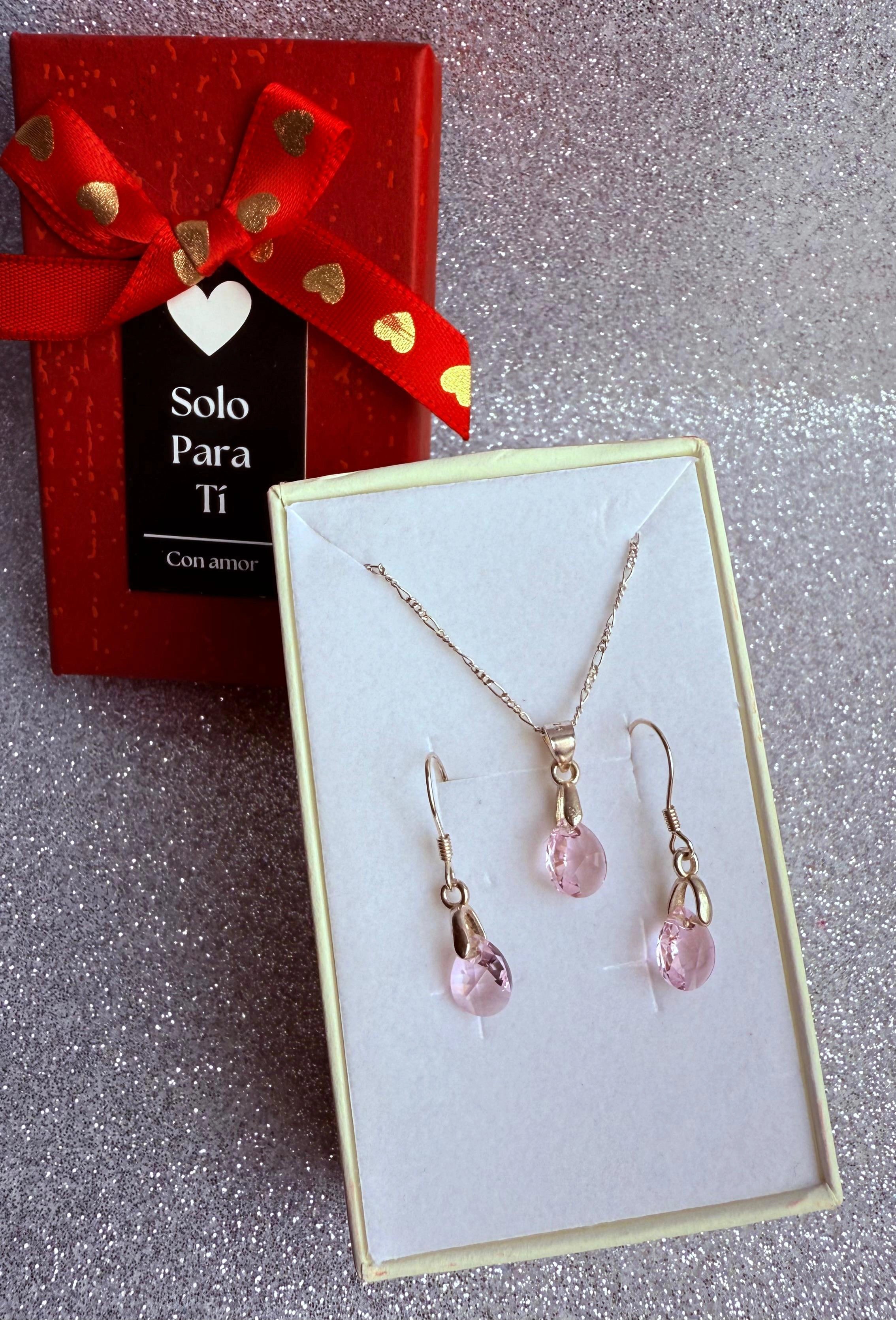 Conjunto Dama Diseño Cristal Rosado Plata fina ley 925