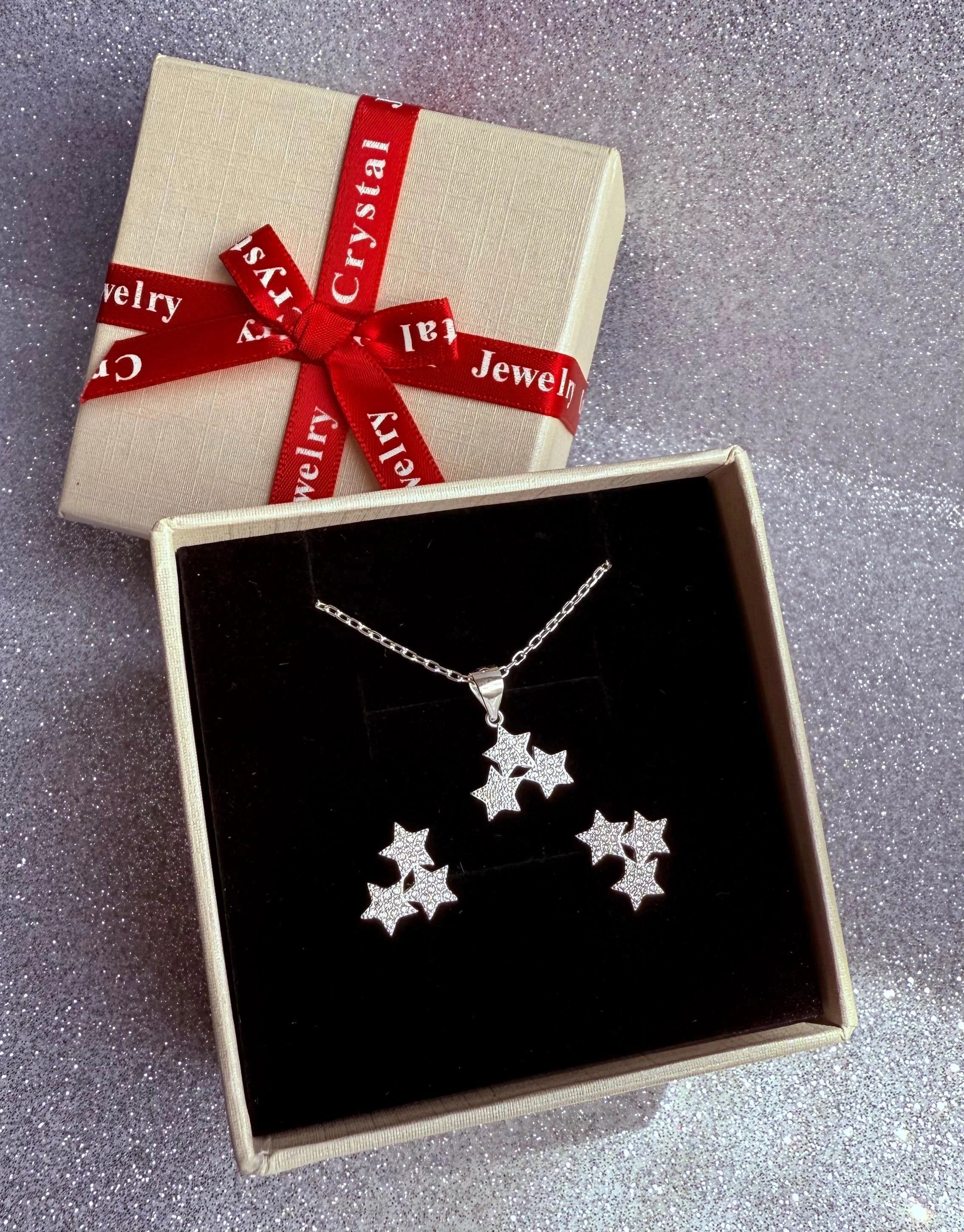 Conjunto Dama Diseño Estrellas microcircones Plata fina ley 925