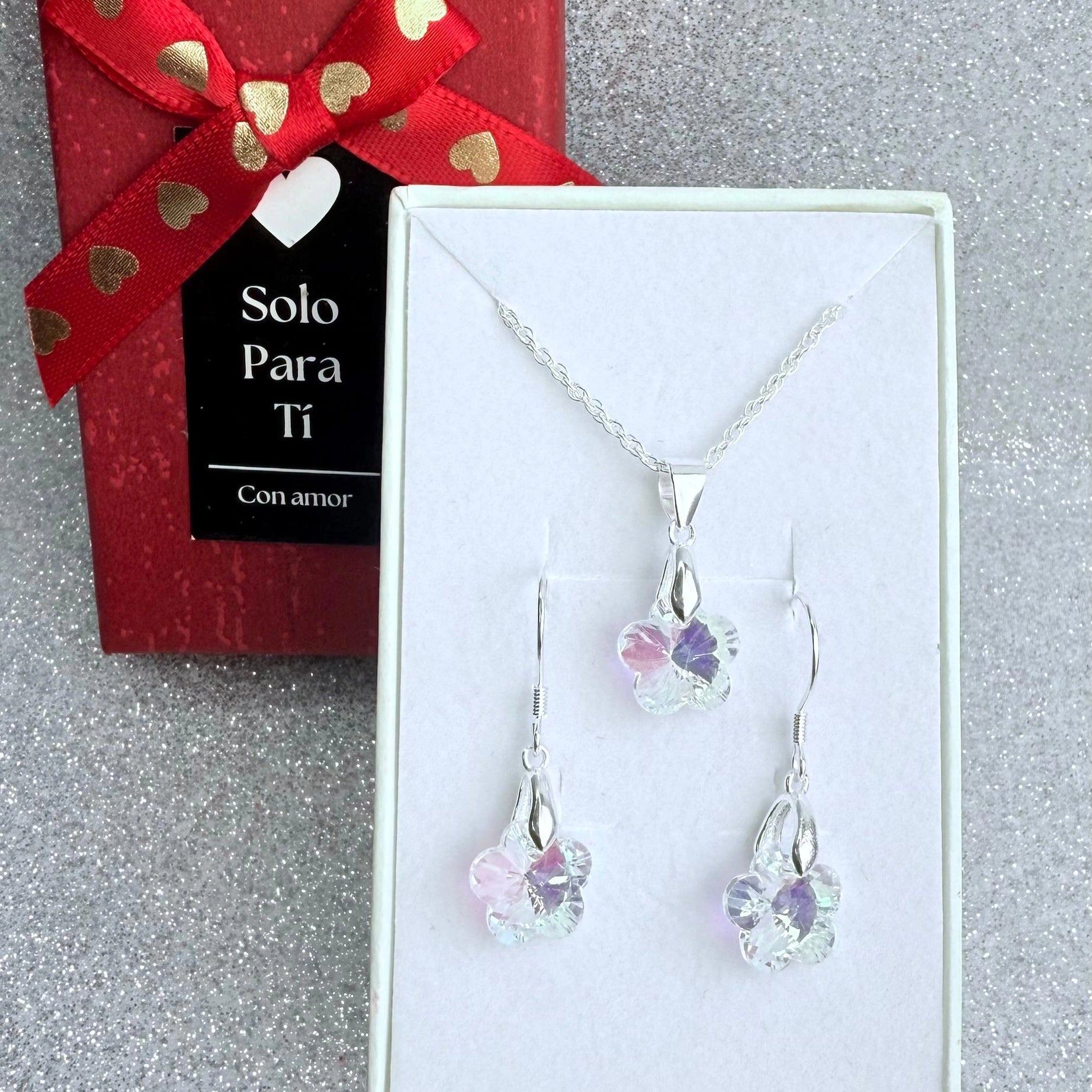 Conjunto Dama Diseño Flor cristal tornasol Plata fina ley 925