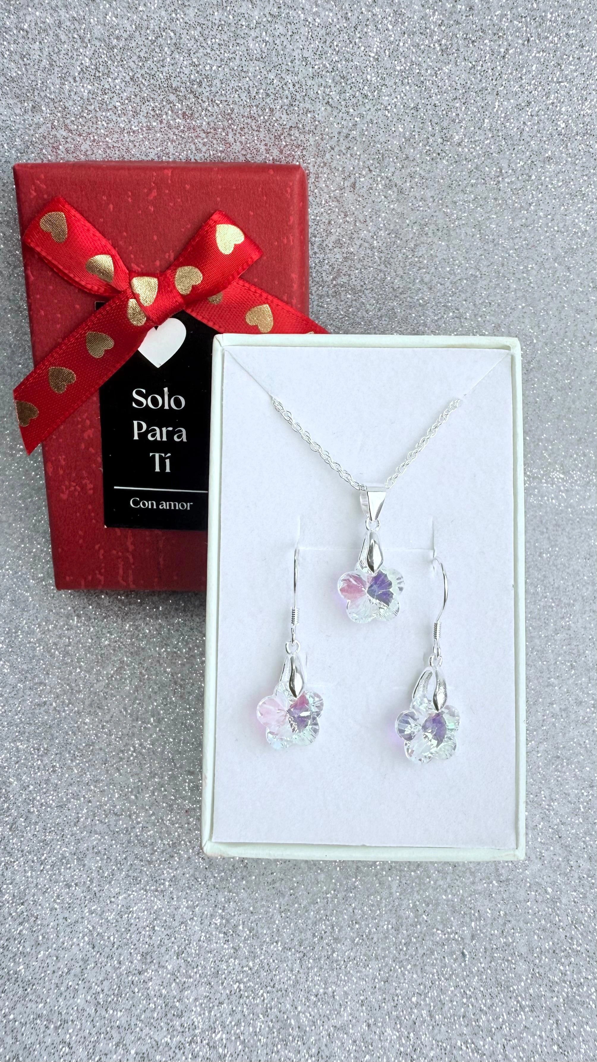 Conjunto Dama Diseño Flor cristal tornasol Plata fina ley 925