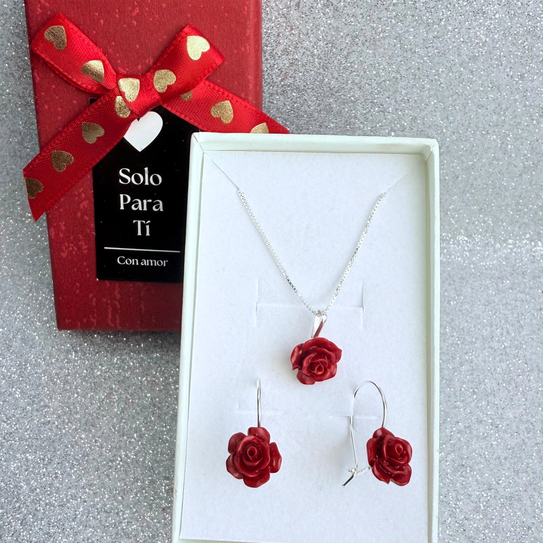 Conjunto Dama Diseño Flor rosa roja Plata fina ley 925