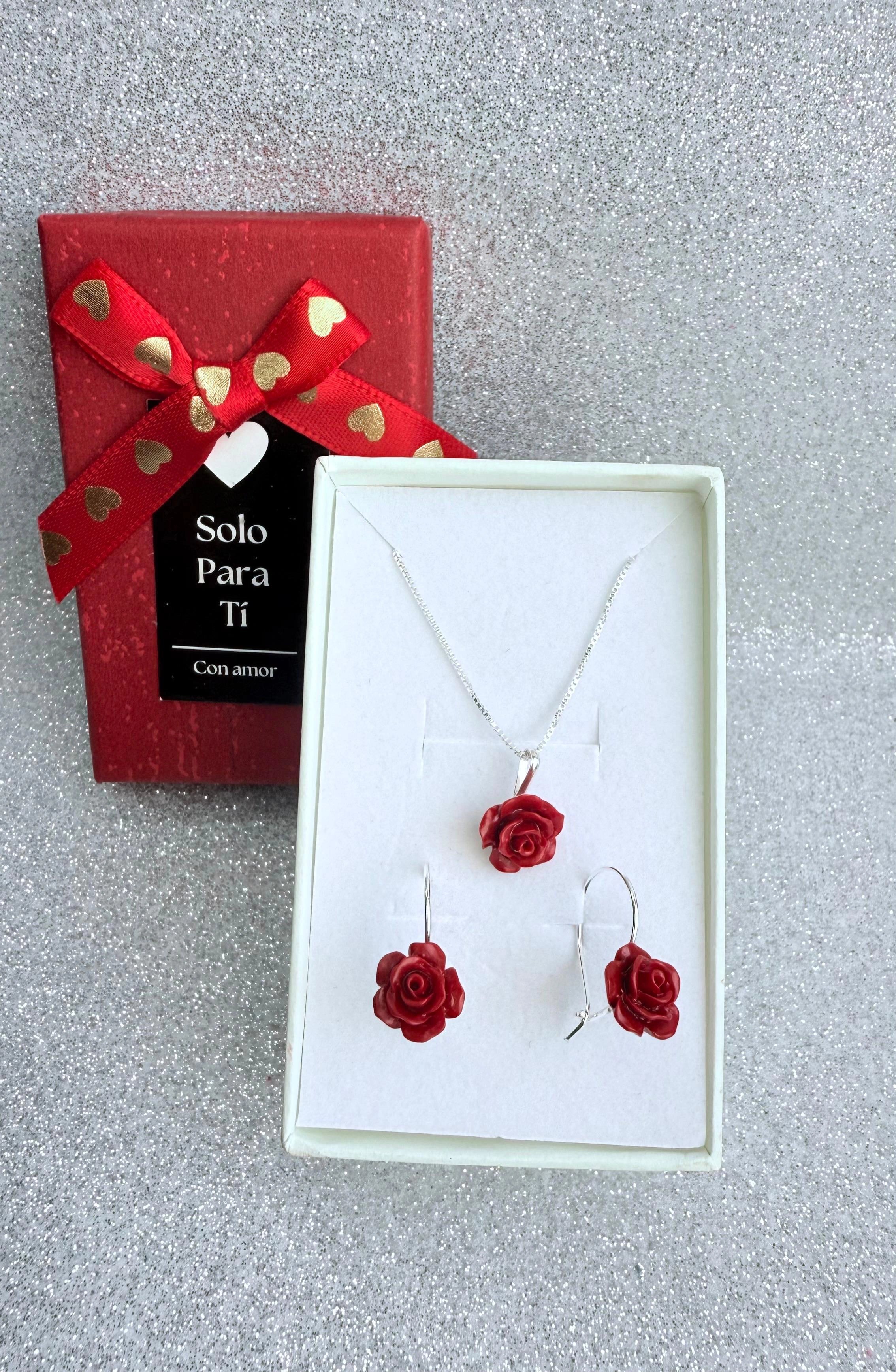Conjunto Dama Diseño Flor rosa roja Plata fina ley 925