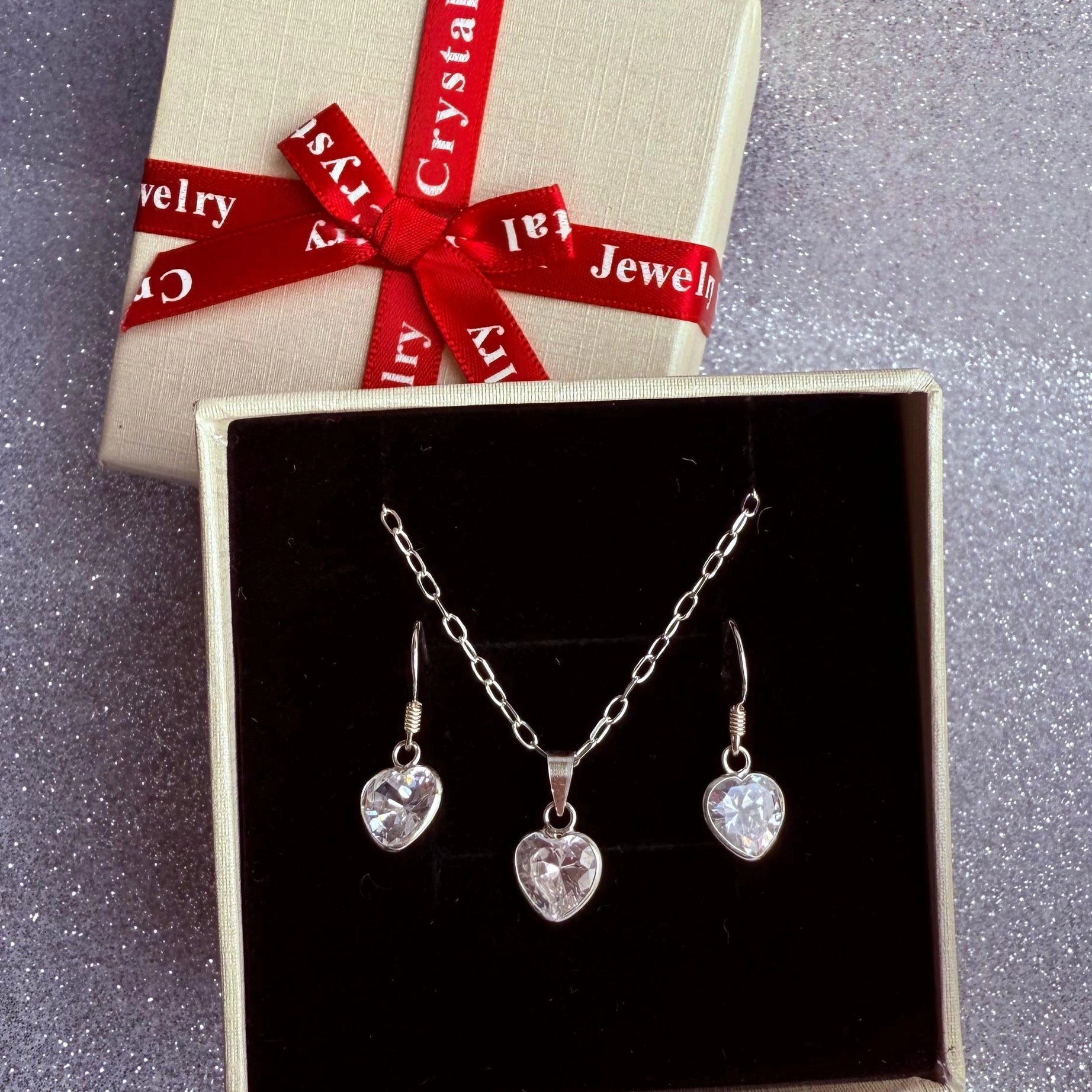 Conjunto Dama Diseño corazón cristal Plata fina ley 925