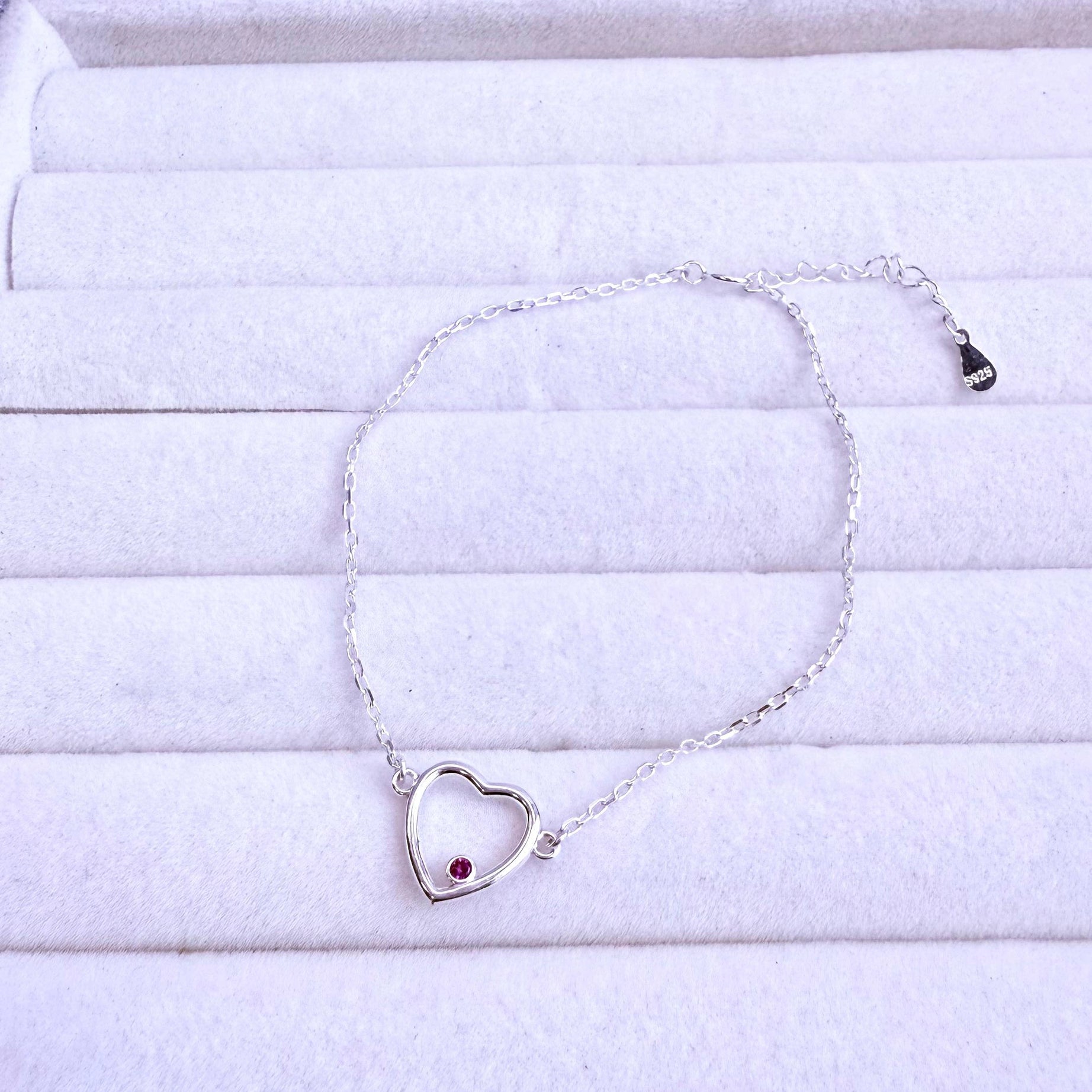 Pulsera Dama Diseño Corazón Con circón fucsia Plata fina ley 925