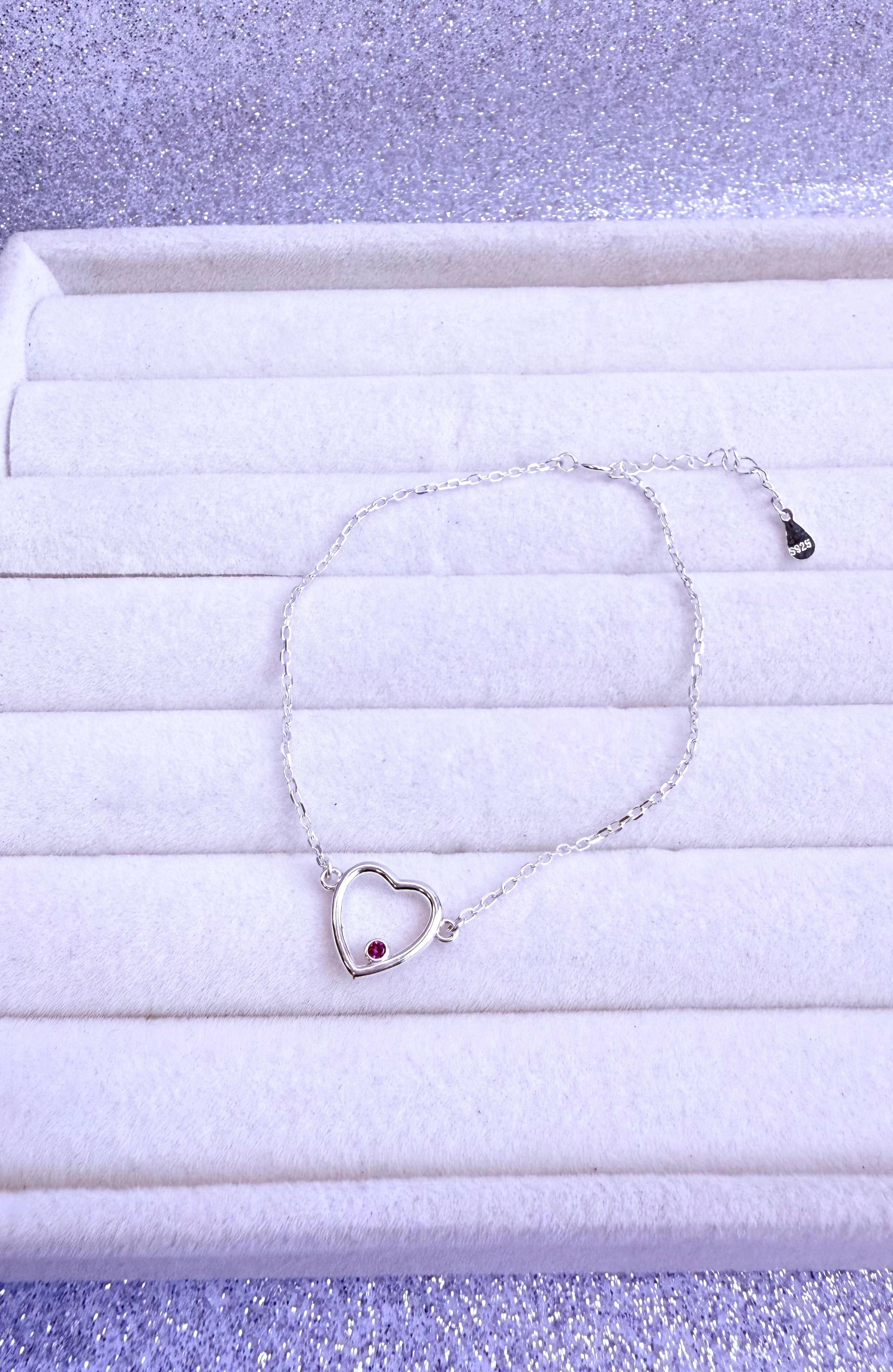 Pulsera Dama Diseño Corazón Con circón fucsia Plata fina ley 925