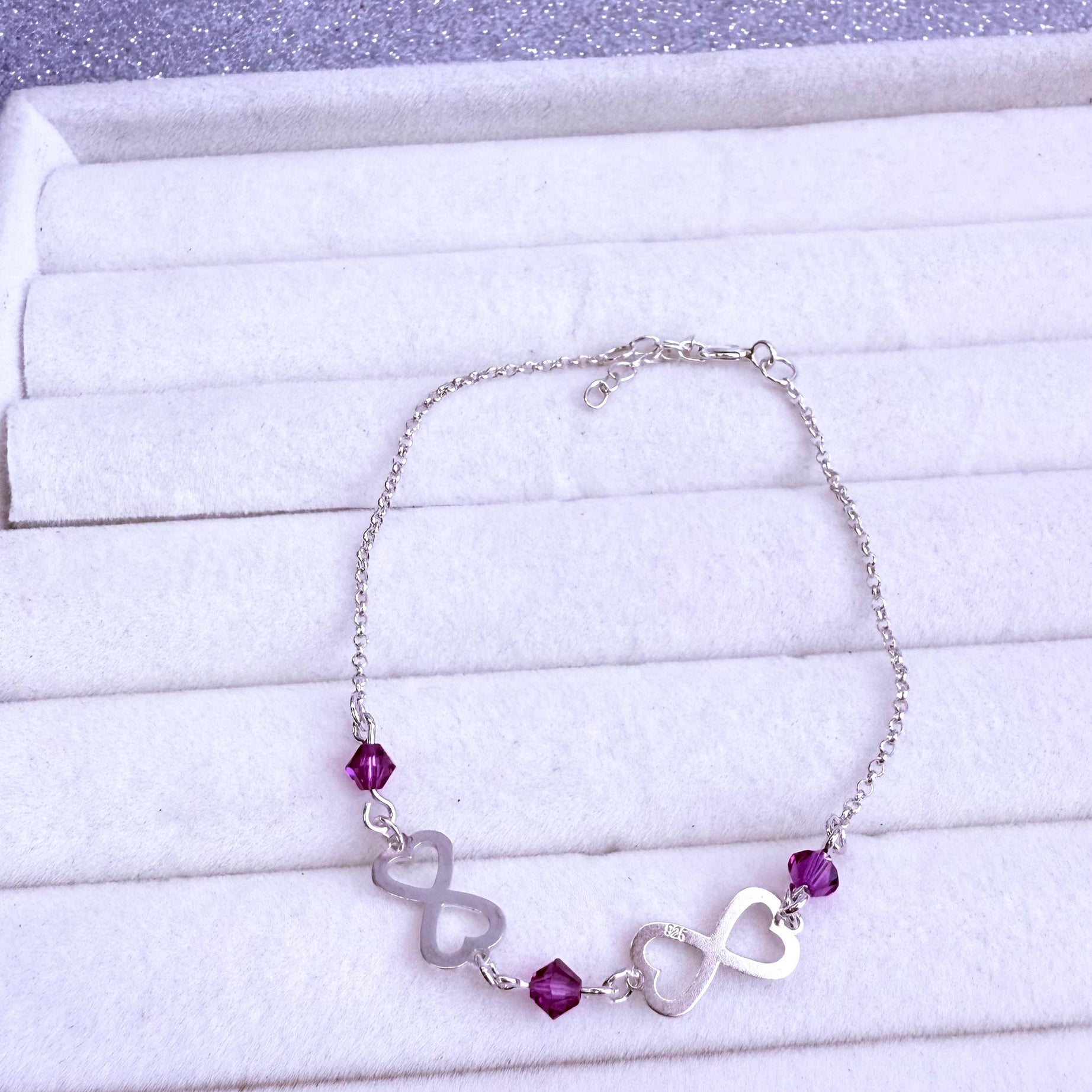 Pulsera Dama Diseño Infinito con cristales fucsia Plata fina ley 925