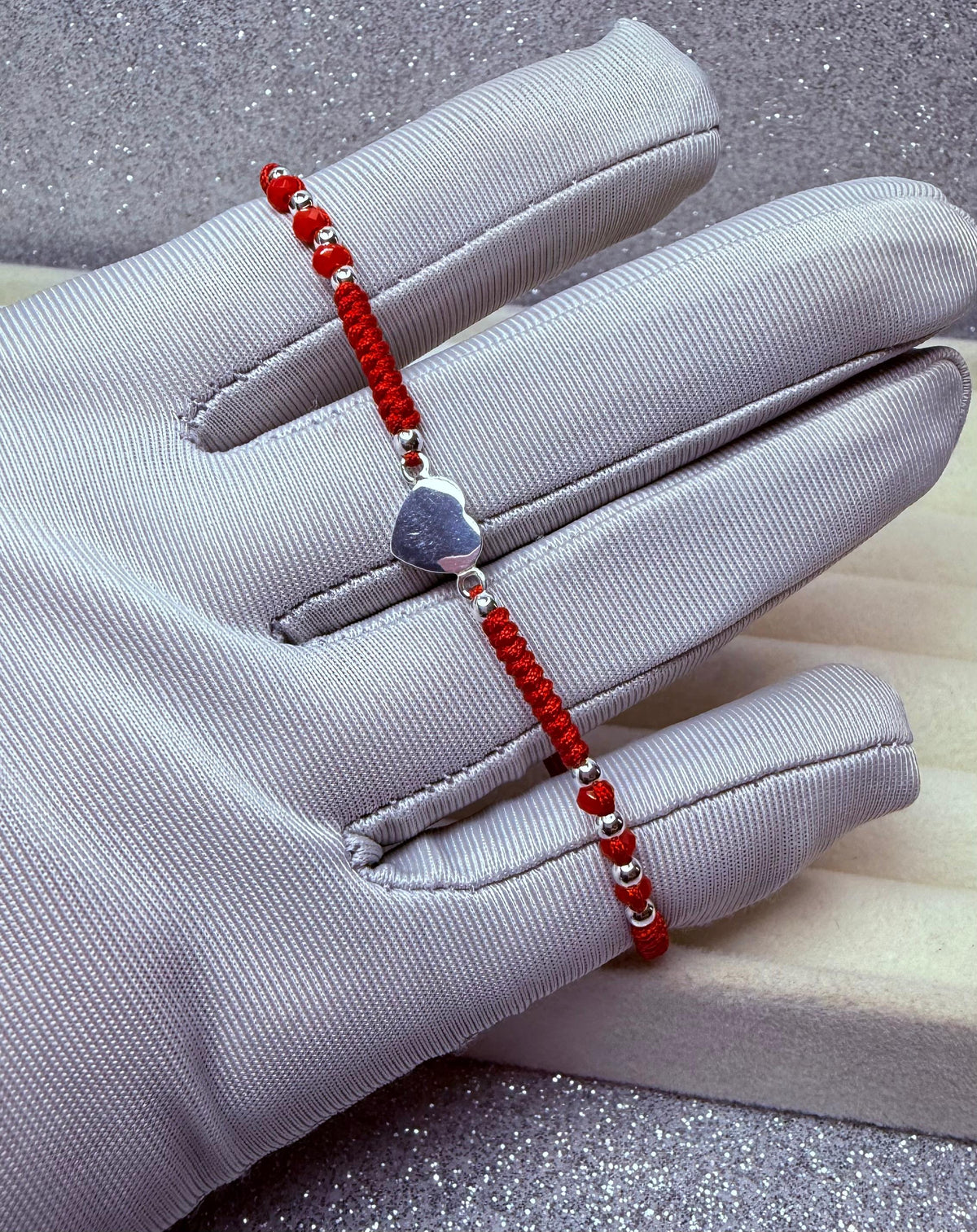 Pulsera Hilo Rojo Protección Dije Corazón y pelotitas Plata 925