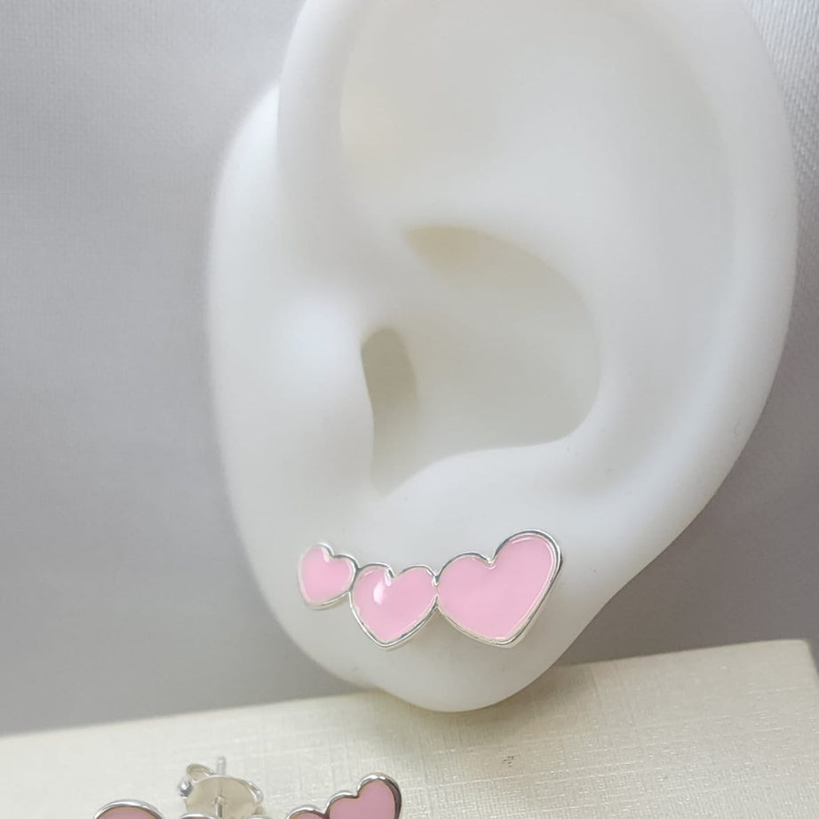 Aros Diseño Corazones Esmaltado Rosado