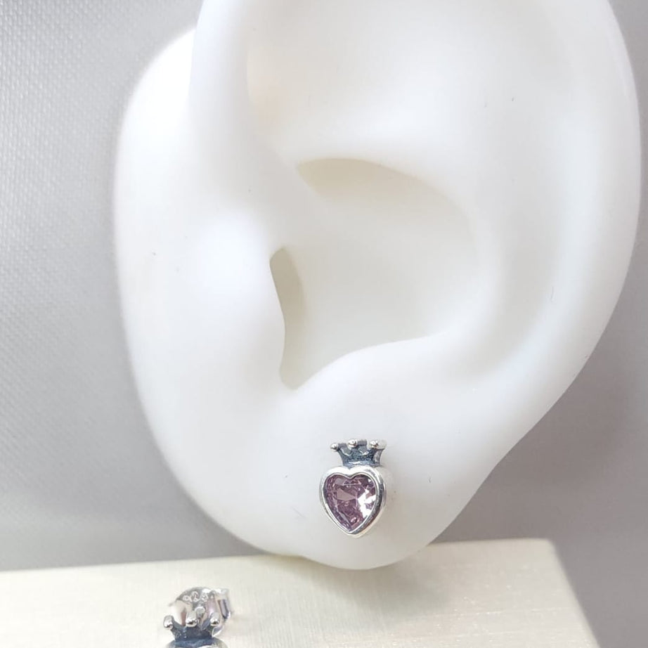Aros Diseño Corazón circón rosado con Corona
