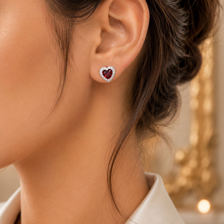 Aros dama Corazón circón rojo Plata fina ley 925